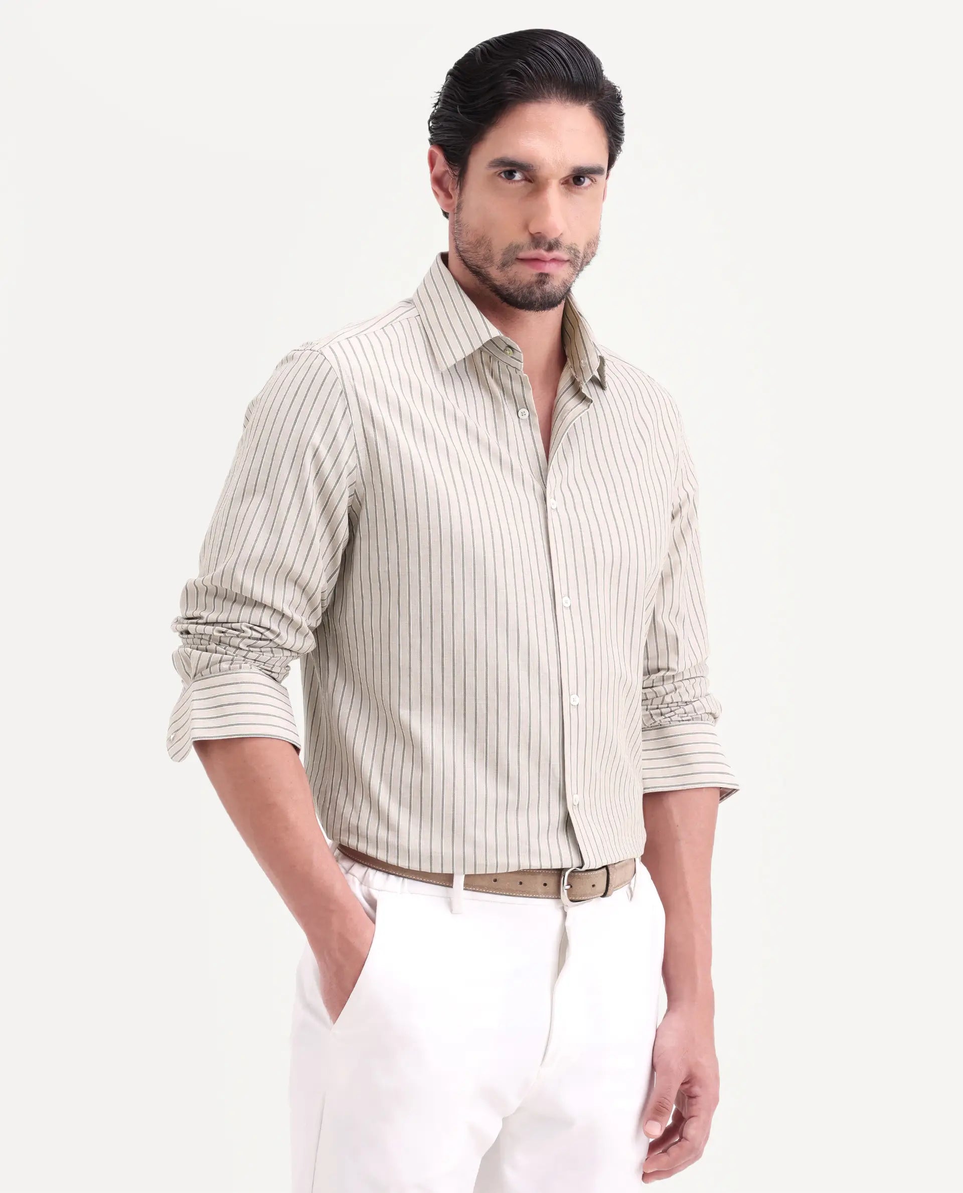 Rare Rabbit Men's Hamp Beige Cotton Fabric Full Sleeve Spread Collar Button Regular Striped Shirt
