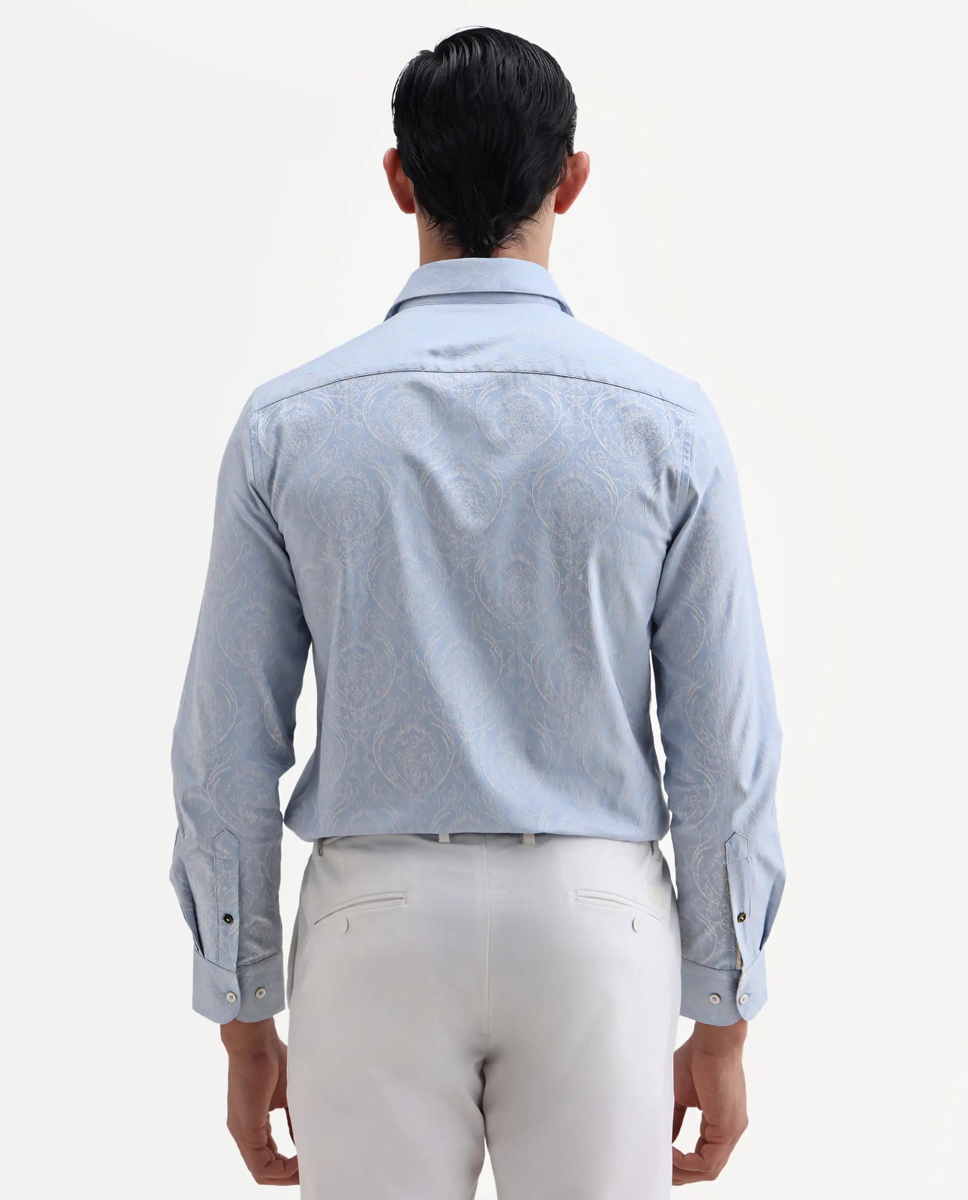 Rare Rabbit Men's Jaco Dusky Blue Cotton Fabric Full Sleeve Spread Collar Button Regular Jacquard Shirt