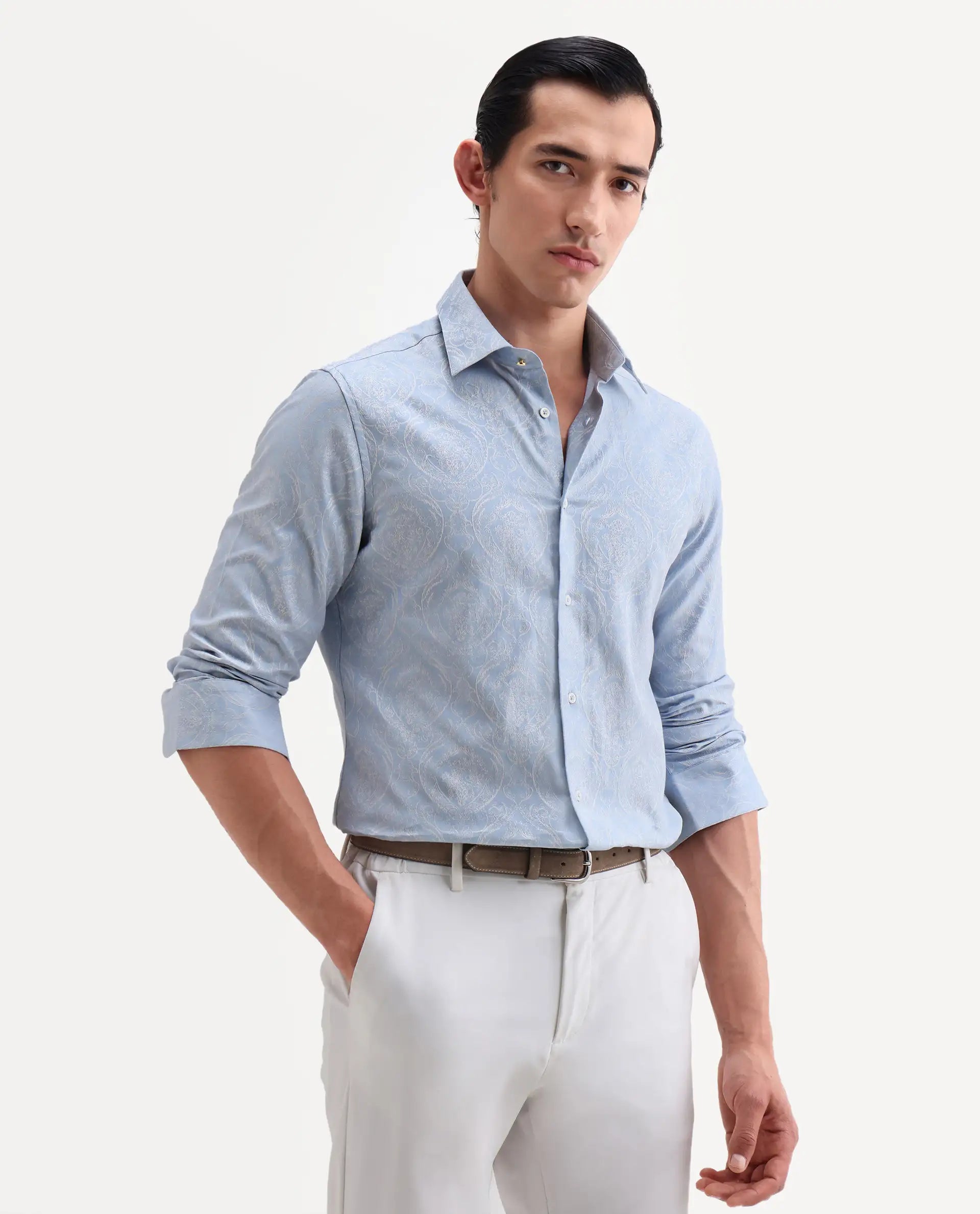 Rare Rabbit Men's Jaco Dusky Blue Cotton Fabric Full Sleeve Spread Collar Button Regular Jacquard Shirt