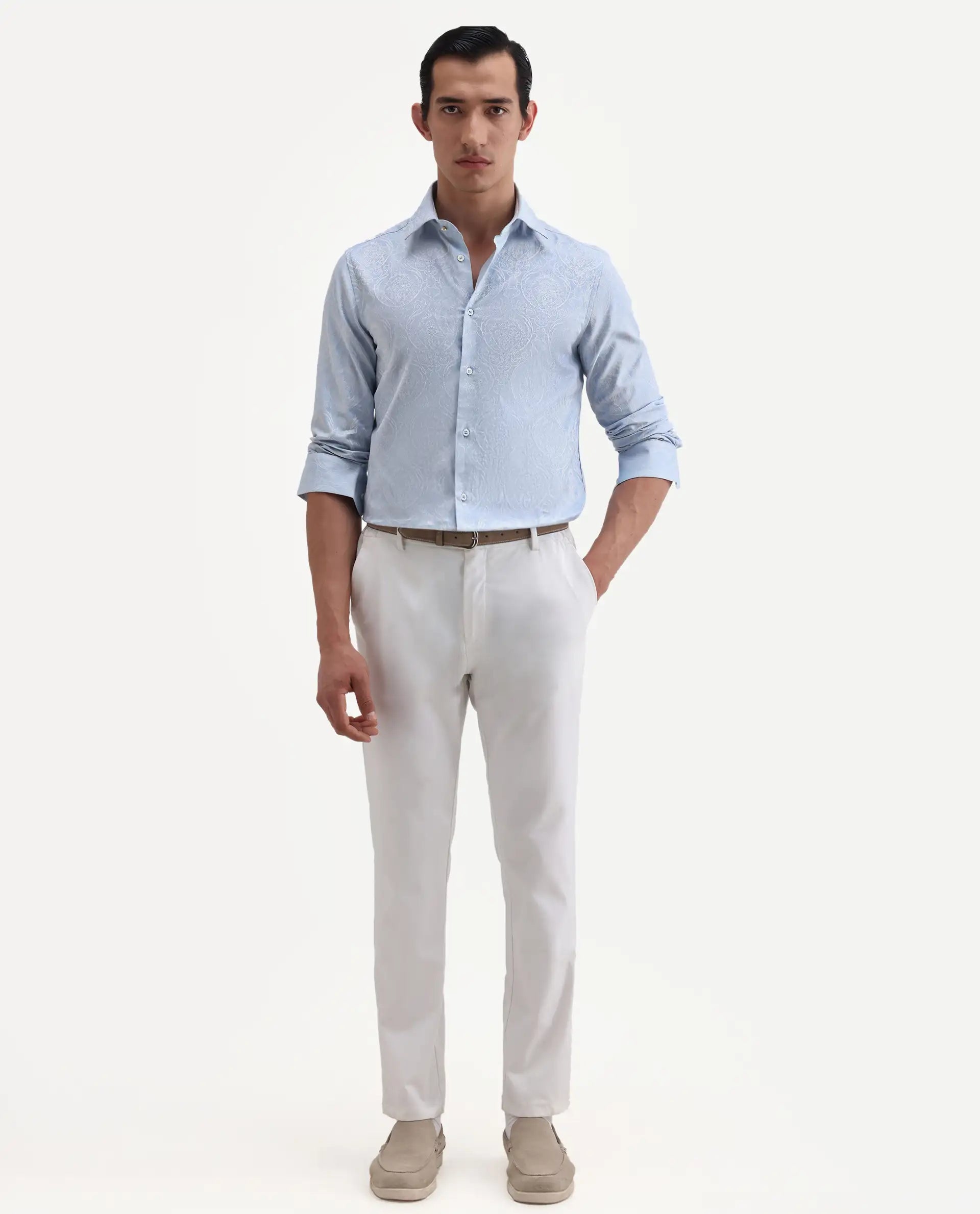 Rare Rabbit Men's Jaco Dusky Blue Cotton Fabric Full Sleeve Spread Collar Button Regular Jacquard Shirt