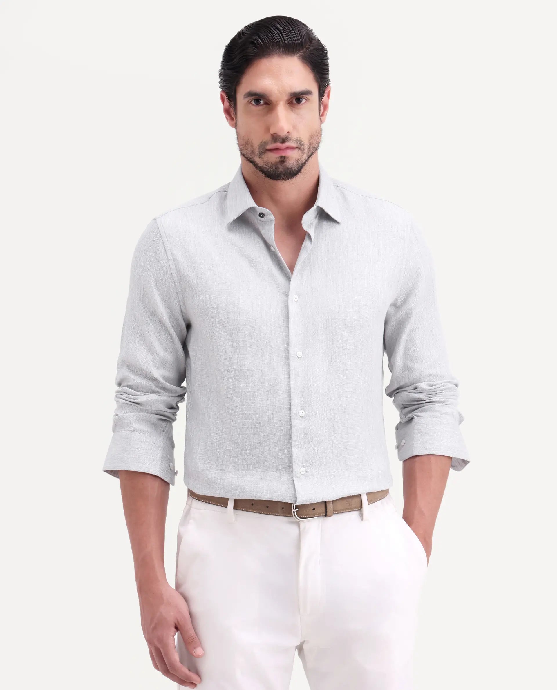 Rare Rabbit Men's Jovi Light Grey Cotton Blend Fabric Full Sleeve Spread Collar Button Regular Plain Shirt