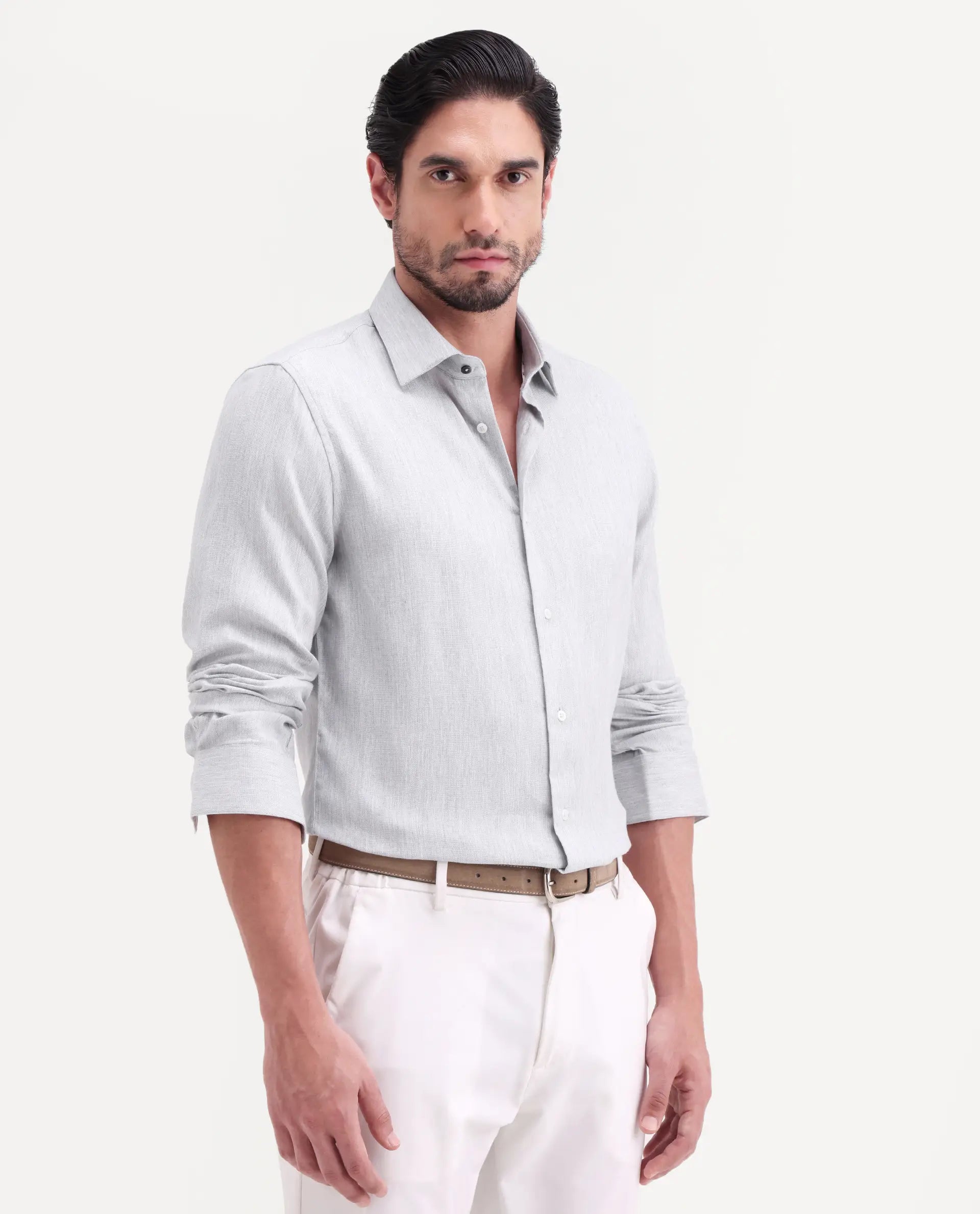 Rare Rabbit Men's Jovi Light Grey Cotton Blend Fabric Full Sleeve Spread Collar Button Regular Plain Shirt