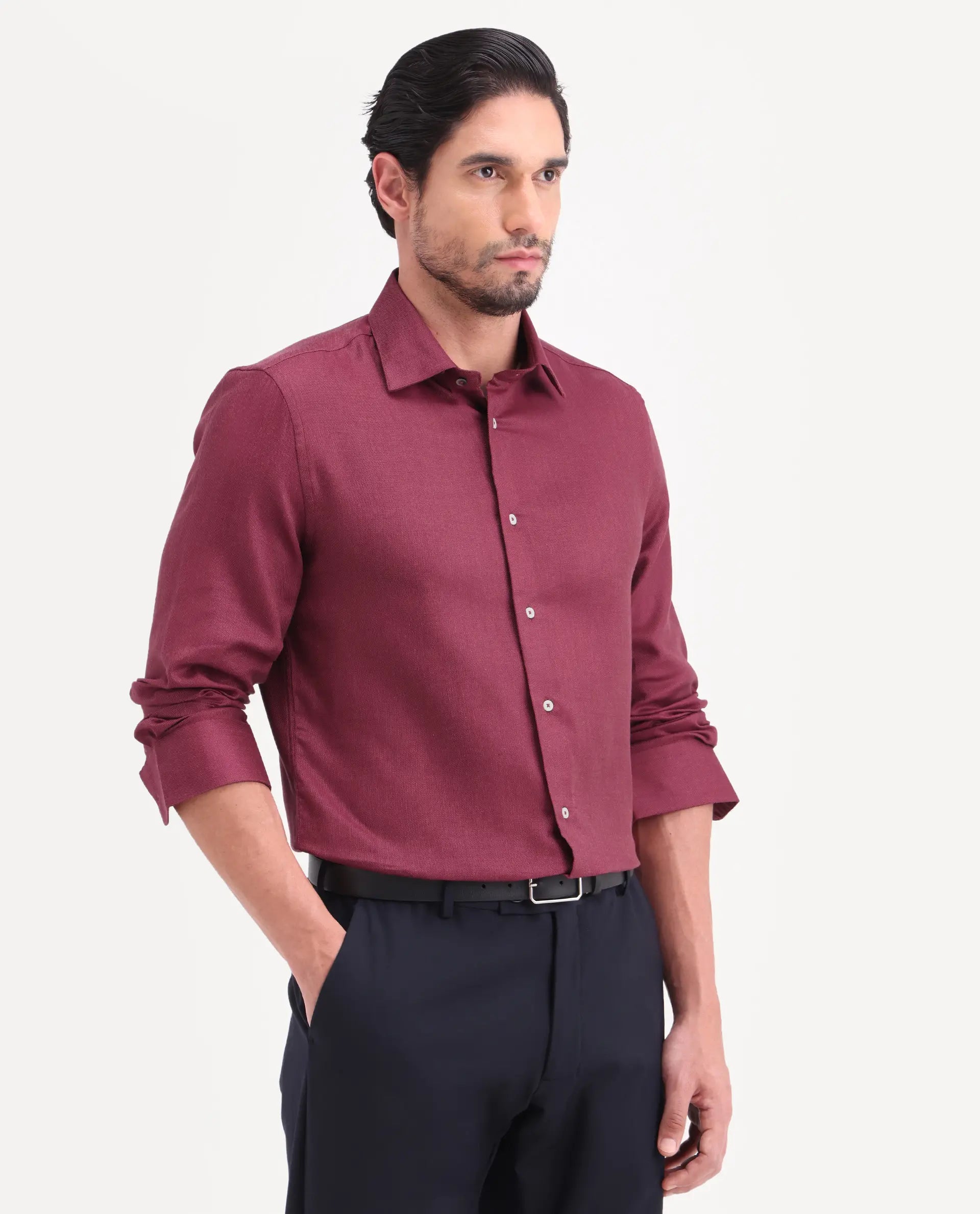 Rare Rabbit Men's Jovi Dusky Red Cotton Blend Fabric Full Sleeve Spread Collar Button Regular Plain Shirt