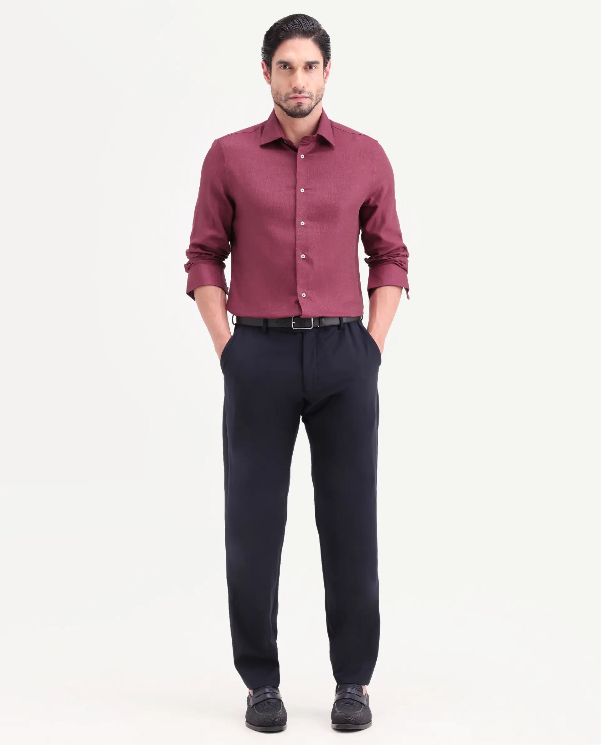 Rare Rabbit Men's Jovi Dusky Red Cotton Blend Fabric Full Sleeve Spread Collar Button Regular Plain Shirt