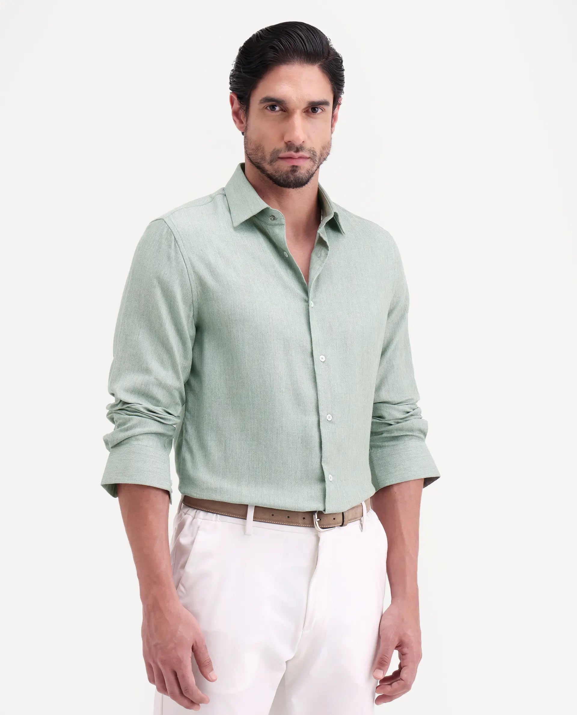Rare Rabbit Men's Jovi Dusky Green Cotton Blend Fabric Full Sleeve Spread Collar Button Regular Plain Shirt