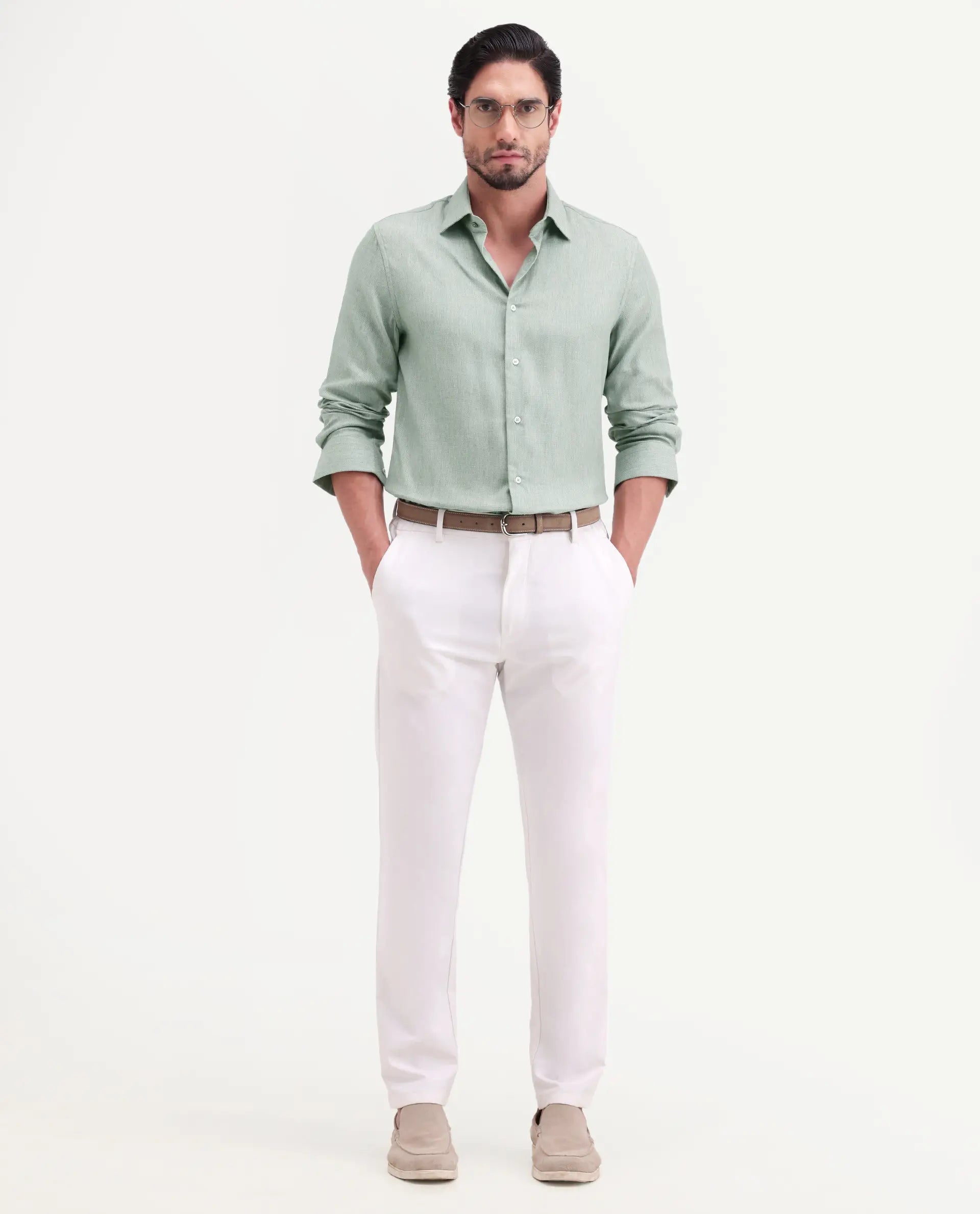 Rare Rabbit Men's Jovi Dusky Green Cotton Blend Fabric Full Sleeve Spread Collar Button Regular Plain Shirt