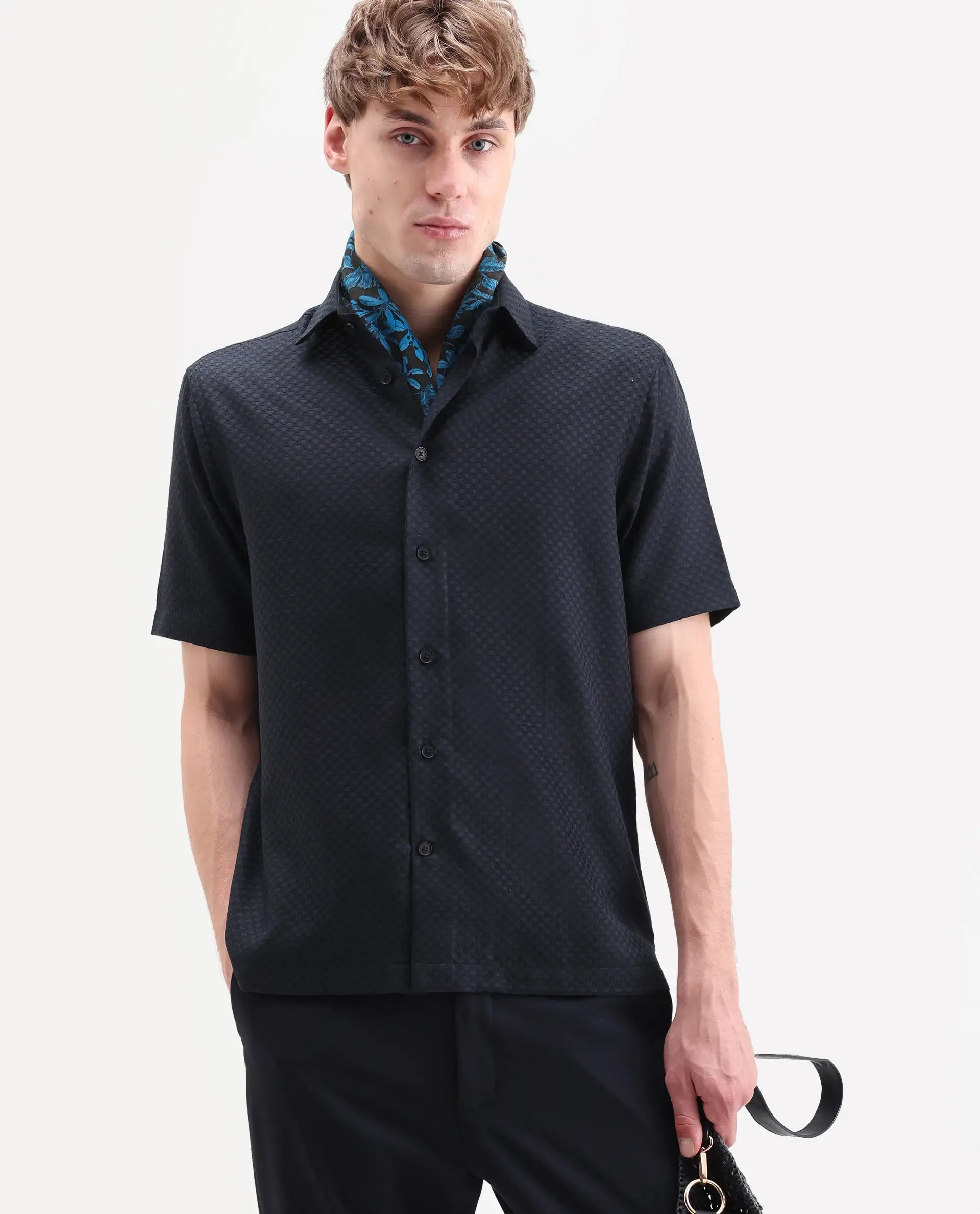 Rare Rabbit Men's Juxe-26-Ss Dark Navy Cotton Fabric Half Sleeve Spread Collar Button Regular Textured Shirt