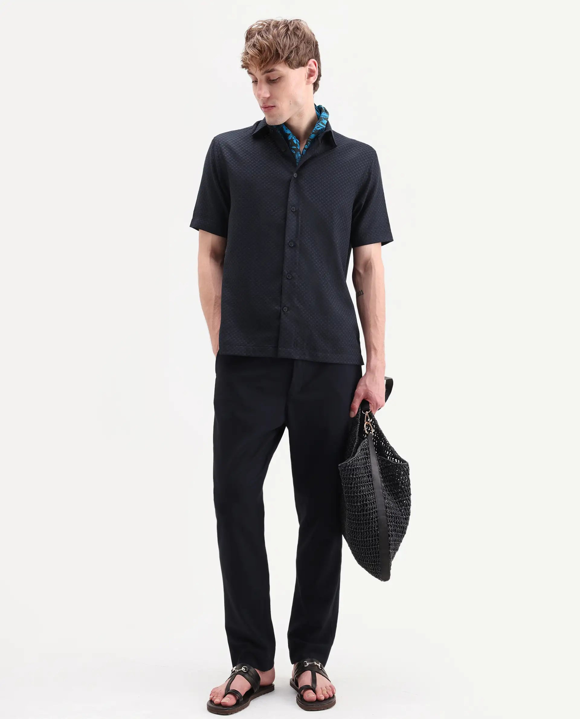 Rare Rabbit Men's Juxe-26-Ss Dark Navy Cotton Fabric Half Sleeve Spread Collar Button Regular Textured Shirt