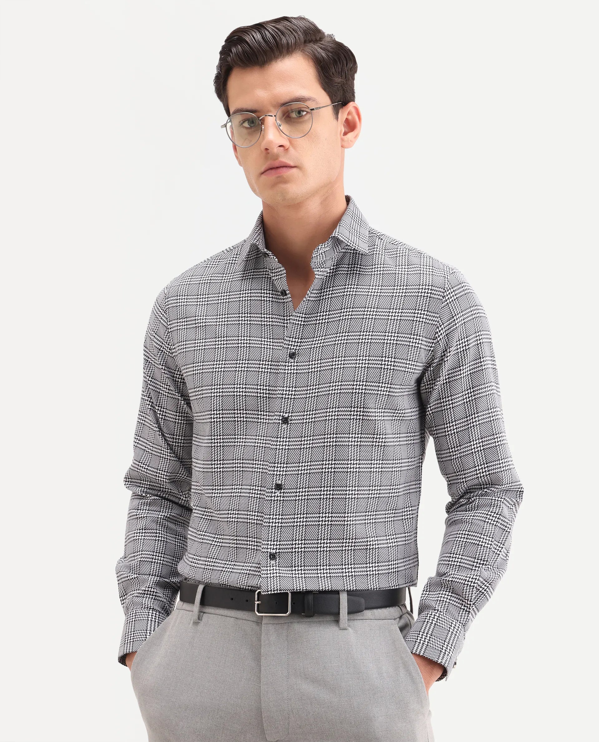 Rare Rabbit Men's Kate Black Cotton Fabric Full Sleeve Spread Collar Regular Checked Shirt