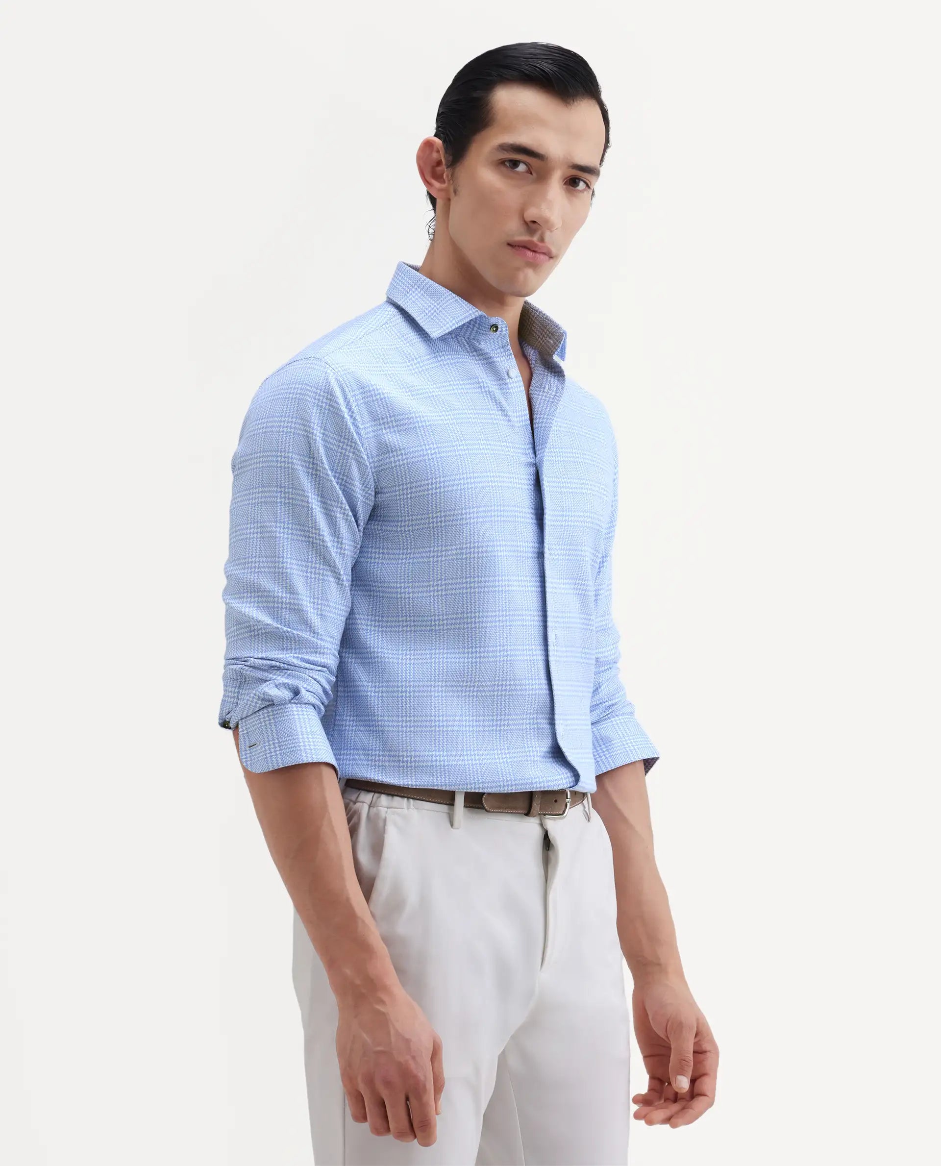 Rare Rabbit Men's Kate Light Blue Cotton Fabric Full Sleeve Spread Collar Regular Checked Shirt