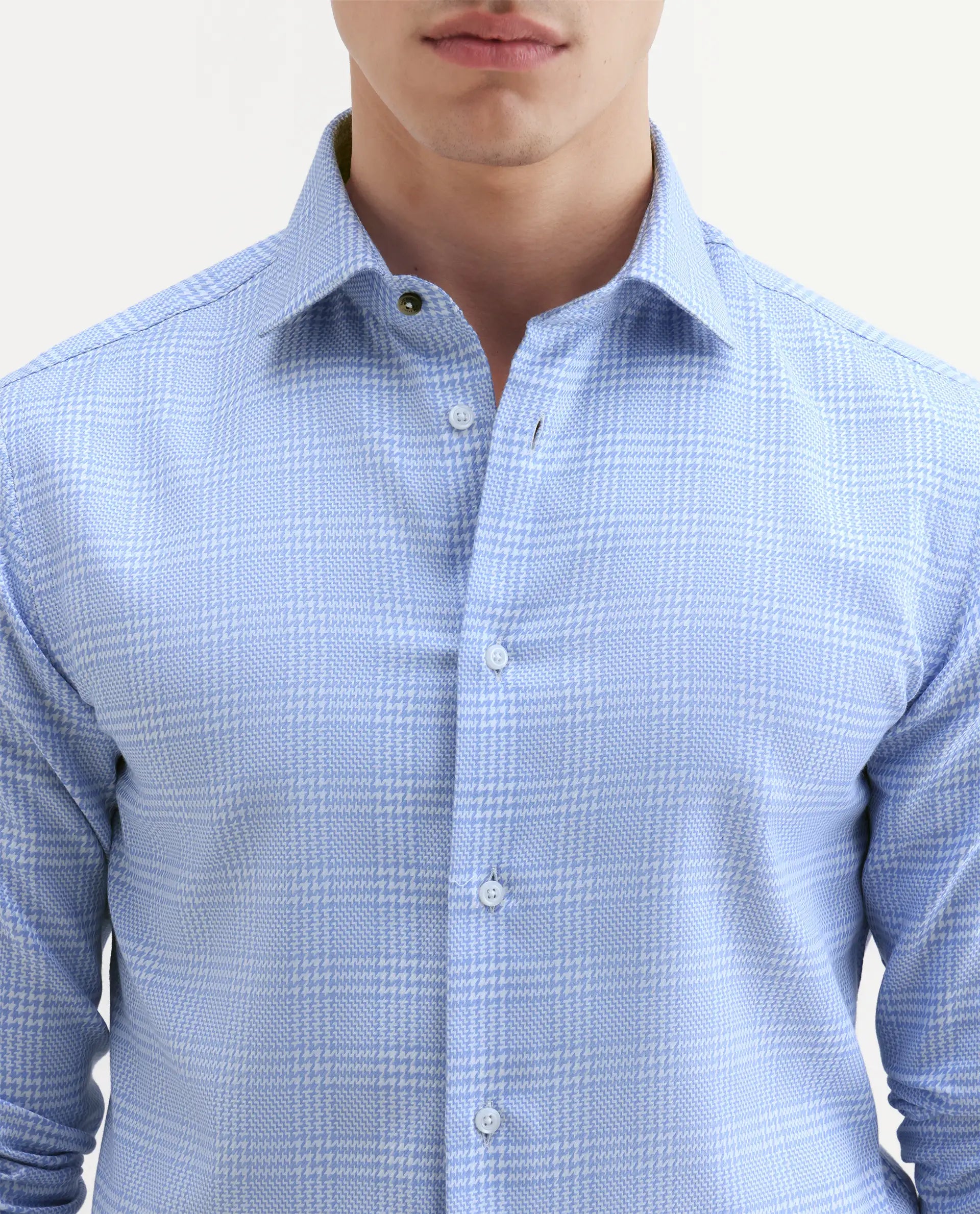 Rare Rabbit Men's Kate Light Blue Cotton Fabric Full Sleeve Spread Collar Regular Checked Shirt