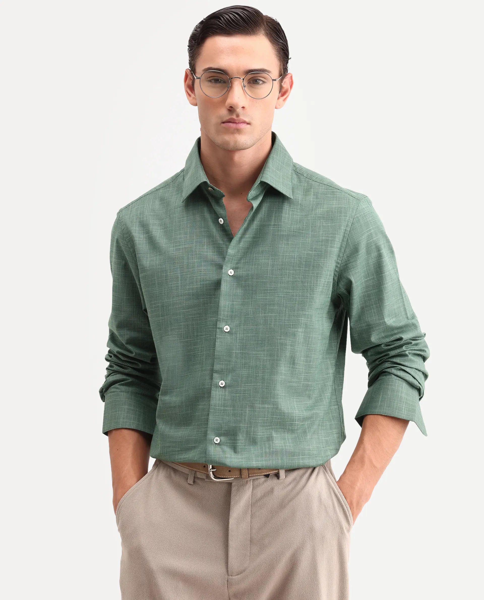 Rare Rabbit Men's Kenb Green Cotton Fabric Full Sleeve Spread Collar Button Regular Plain Shirt