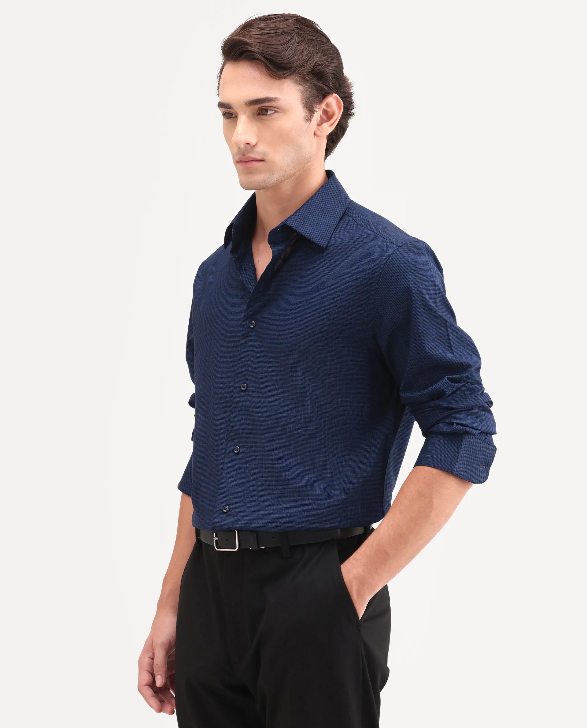 Rare Rabbit Men's Kenb Dark Blue Cotton Fabric Full Sleeve Spread Collar Button Regular Plain Shirt