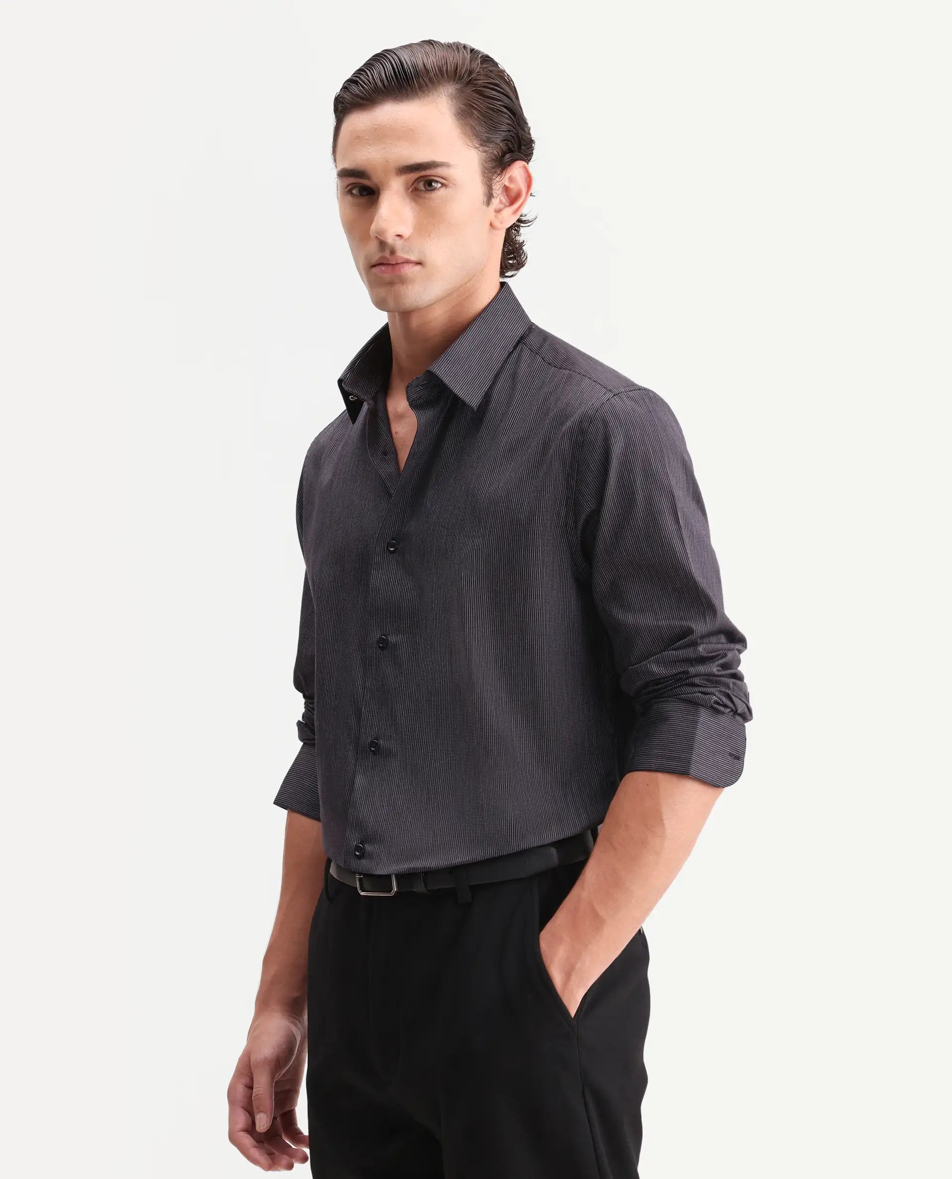 Rare Rabbit Men's Kent Black Cotton Fabric Full Sleeve Spread Collar Button Regular Plain Shirt