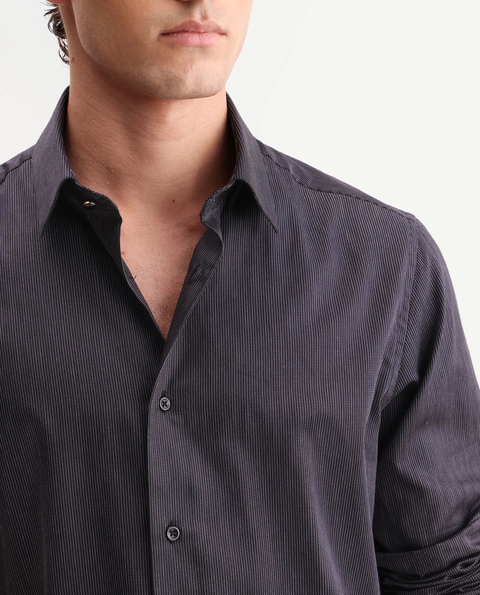 Rare Rabbit Men's Kent Black Cotton Fabric Full Sleeve Spread Collar Button Regular Plain Shirt