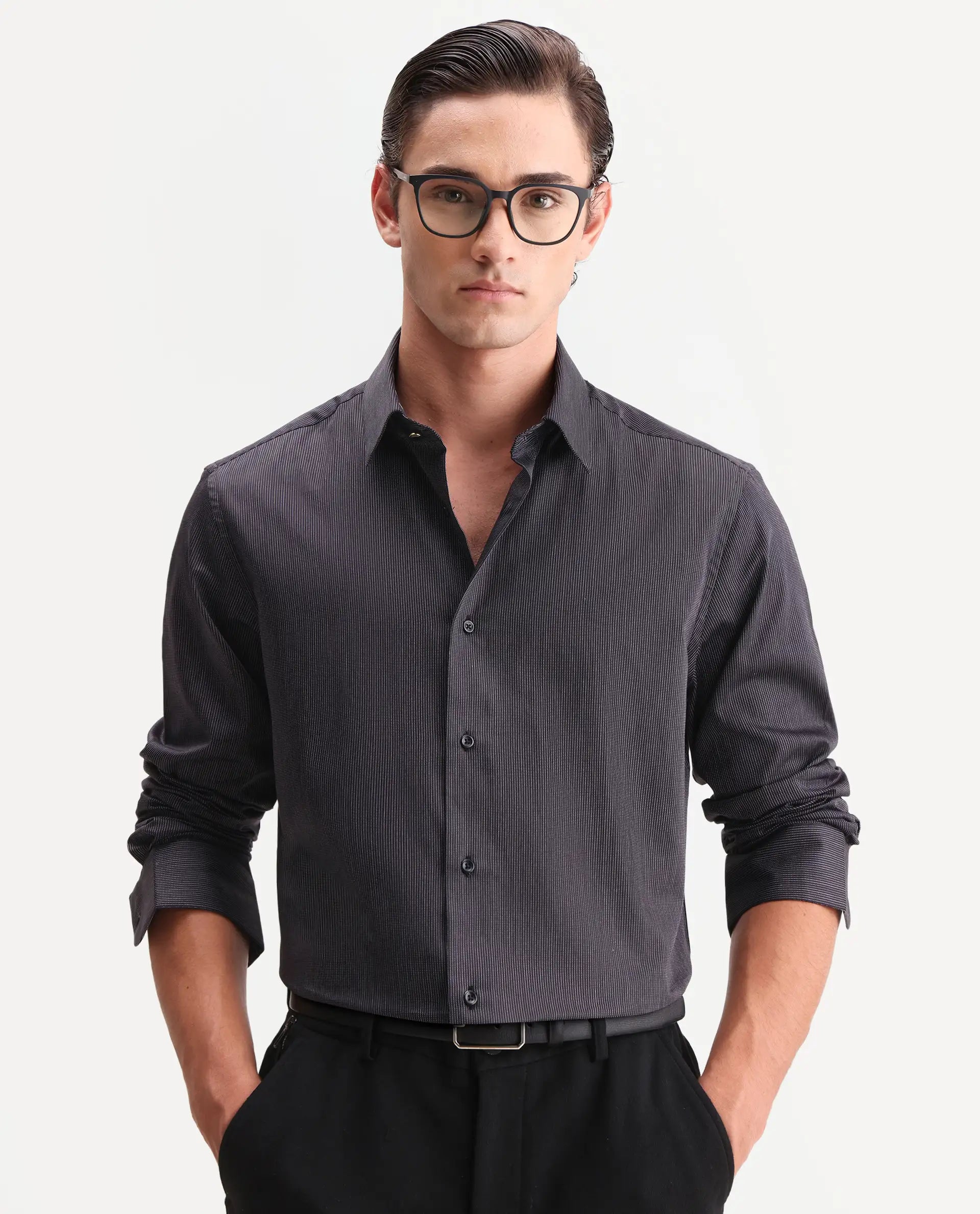 Rare Rabbit Men's Kent Black Cotton Fabric Full Sleeve Spread Collar Button Regular Plain Shirt