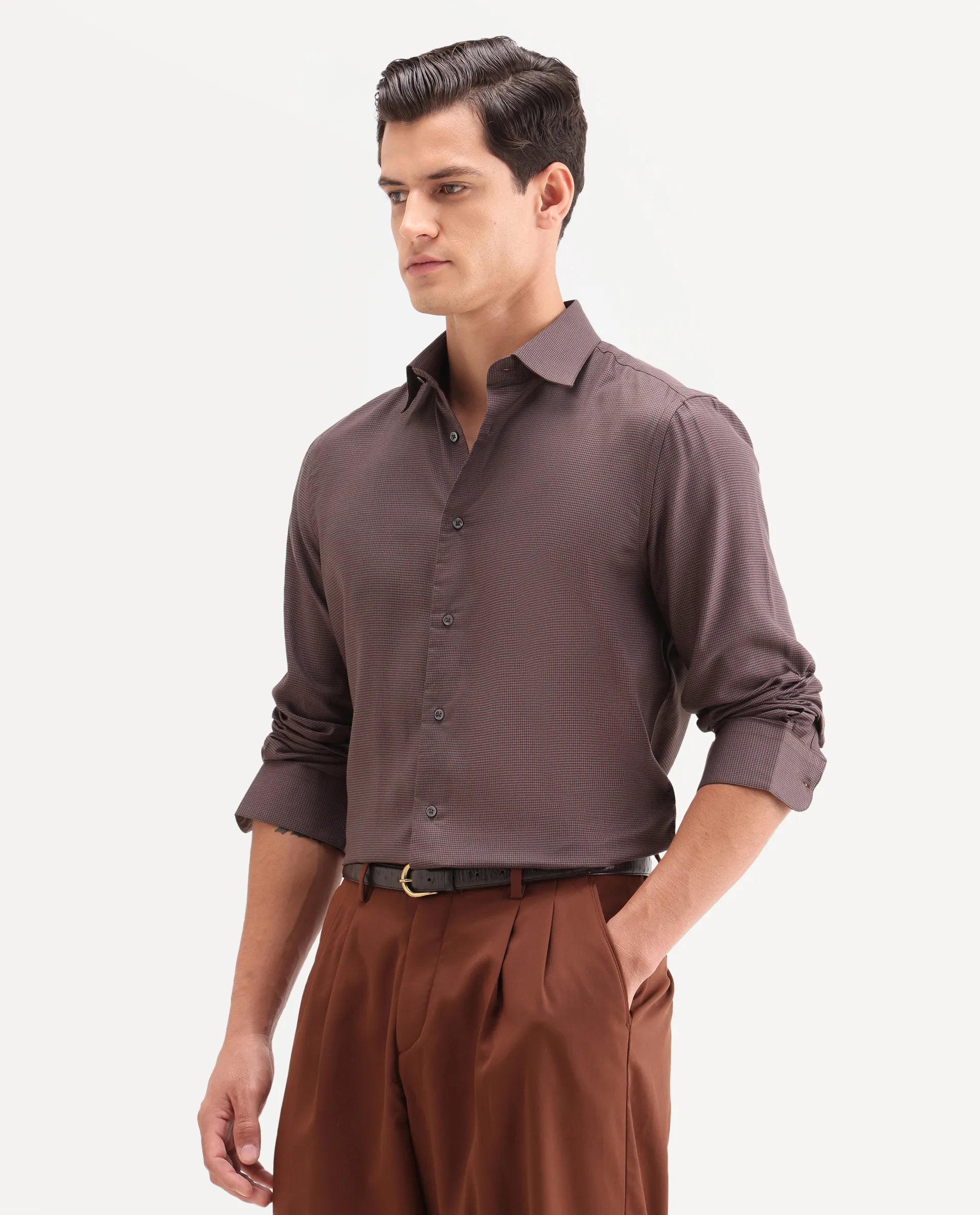 Rare Rabbit Men's Lume Maroon Tencel Fabric Full Sleeve Spread Collar Button Regular Plain Shirt