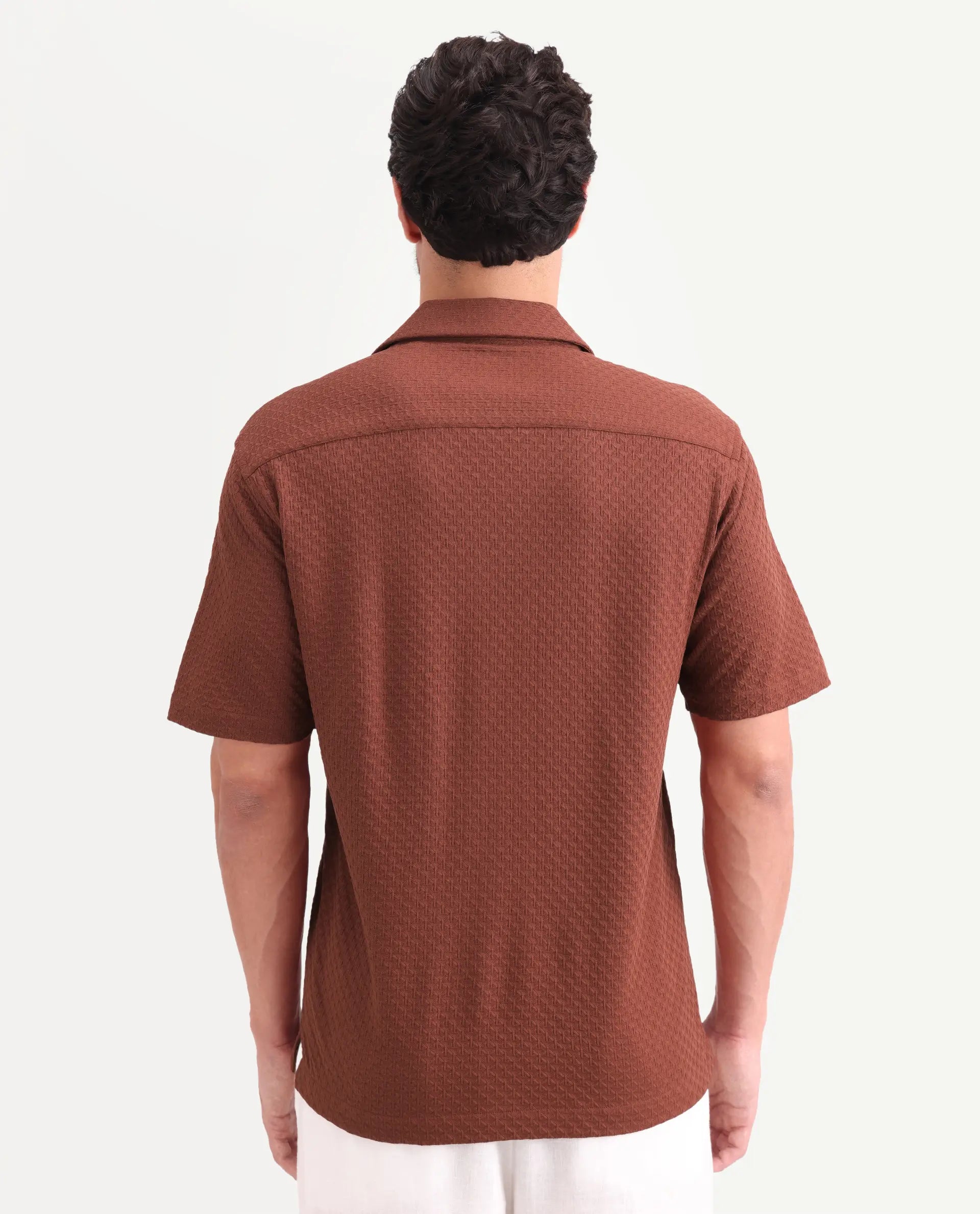 Rare Rabbit Men's Otis Light Rust Cotton Fabric Half Sleeve Cuban Collar Regular Textured Shirt