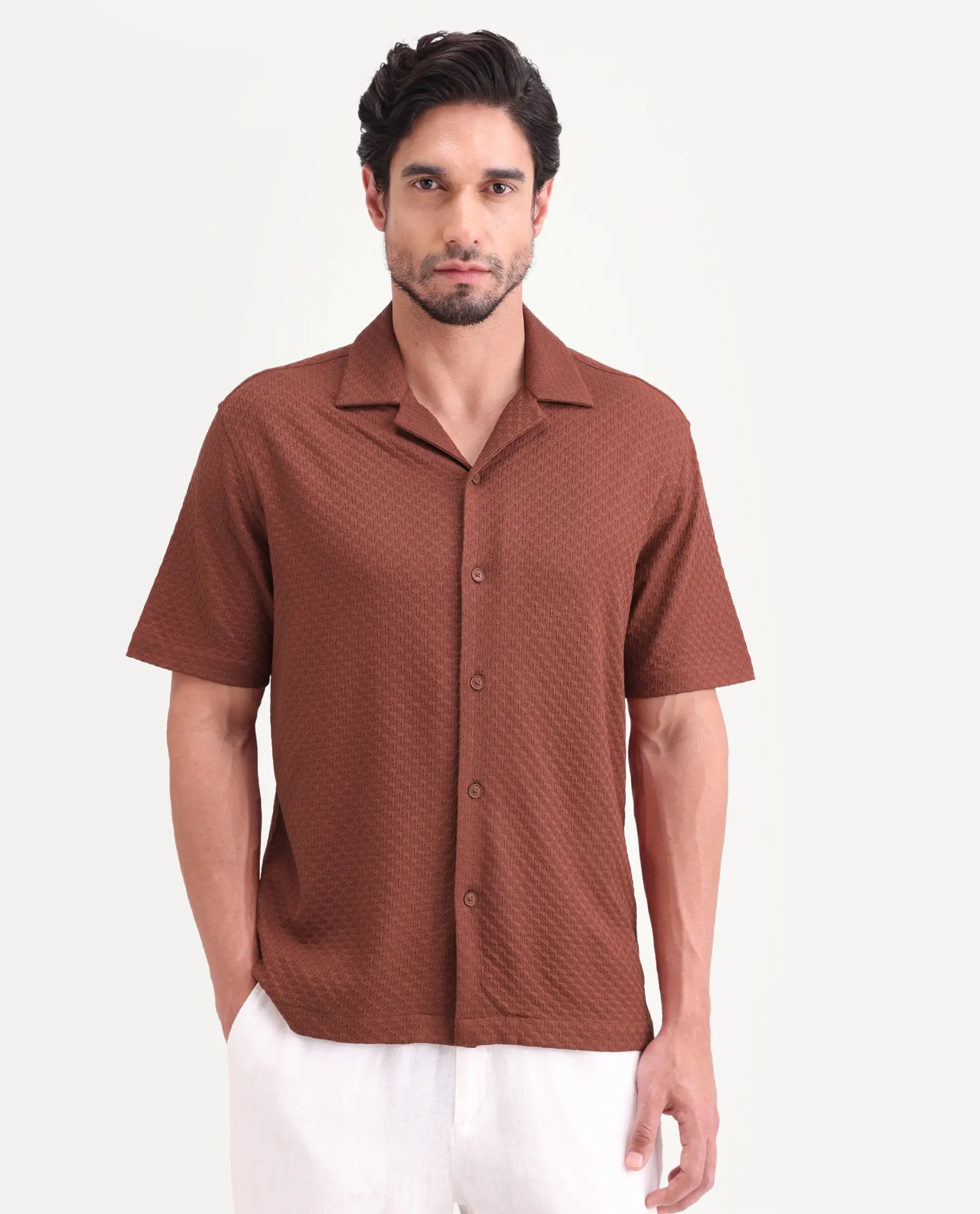 Rare Rabbit Men's Otis Light Rust Cotton Fabric Half Sleeve Cuban Collar Regular Textured Shirt