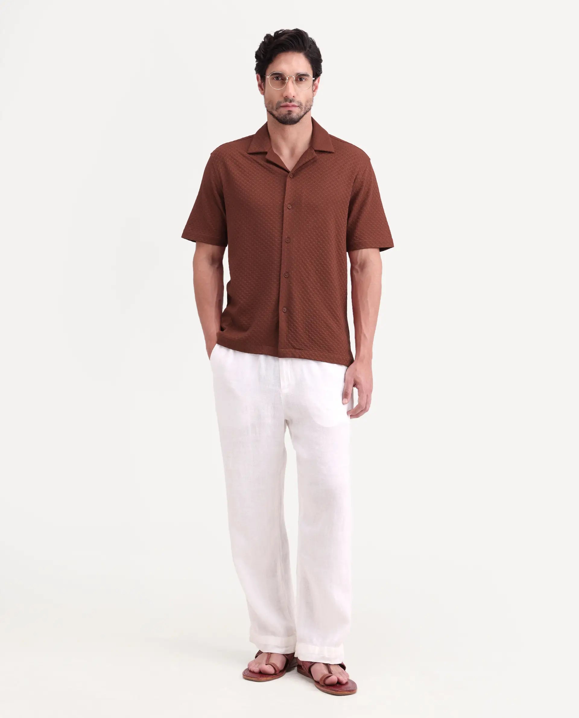 Rare Rabbit Men's Otis Light Rust Cotton Fabric Half Sleeve Cuban Collar Regular Textured Shirt