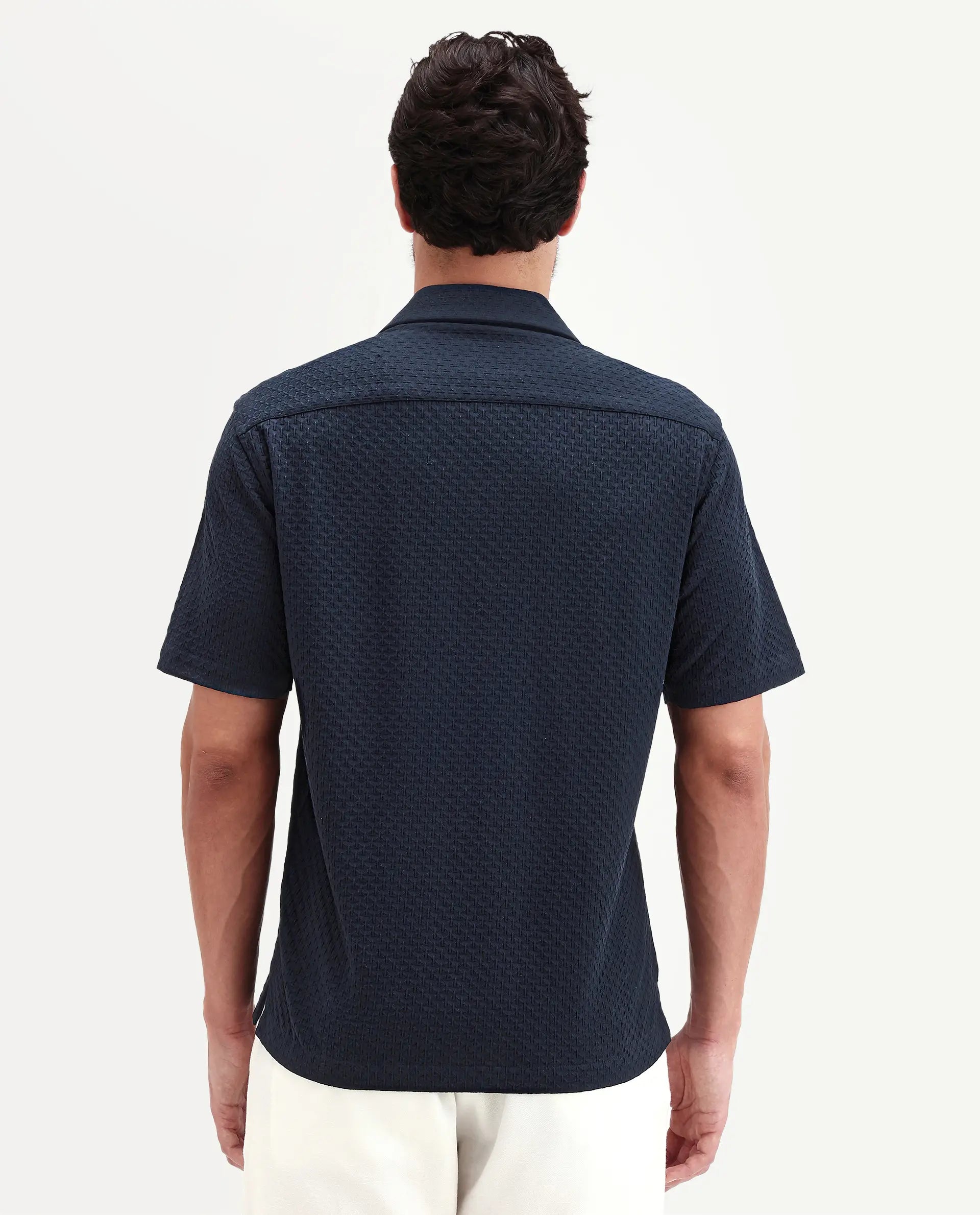 Rare Rabbit Men's Otis Dark Navy Cotton Fabric Half Sleeve Cuban Collar Regular Textured Shirt