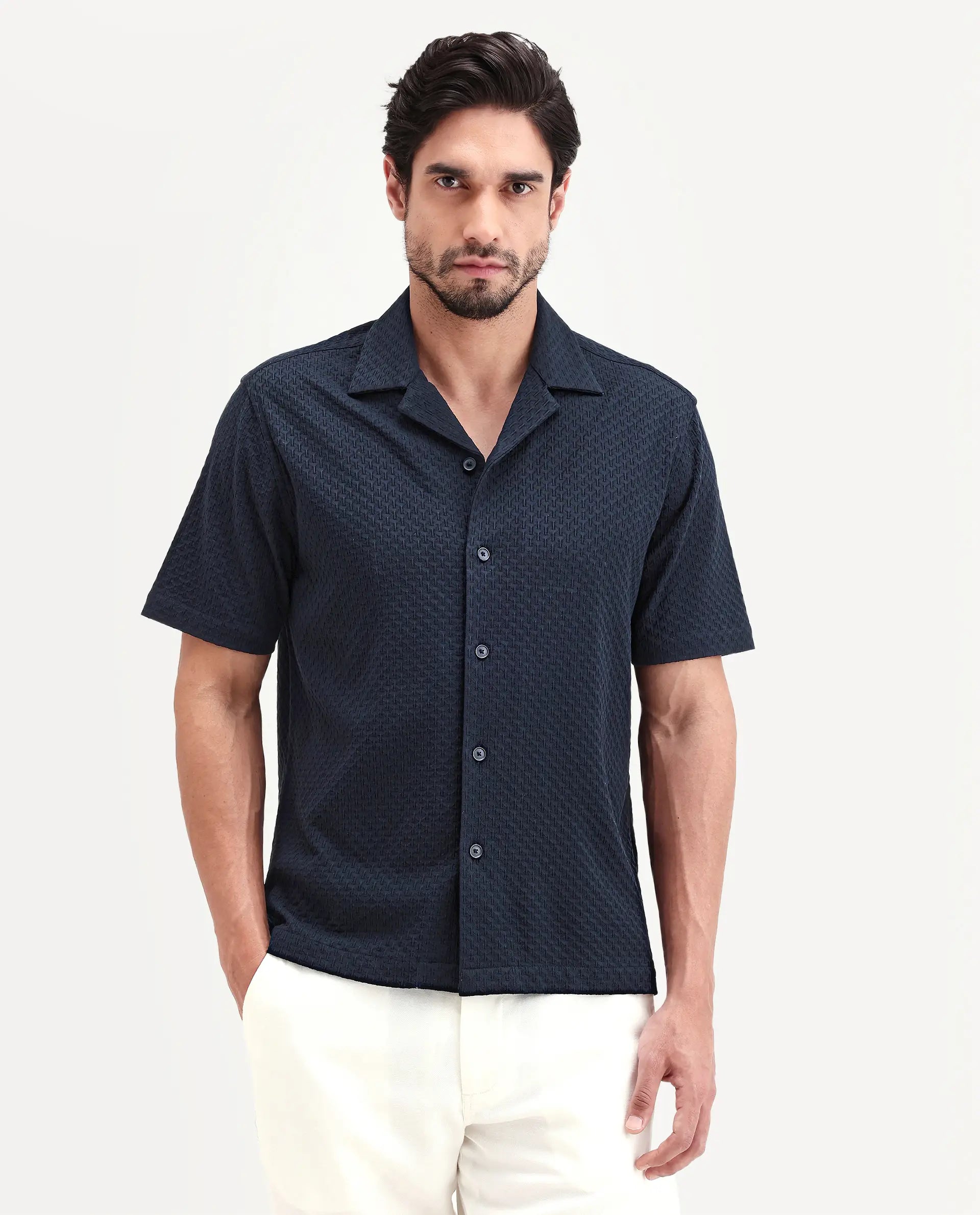 Rare Rabbit Men's Otis Dark Navy Cotton Fabric Half Sleeve Cuban Collar Regular Textured Shirt