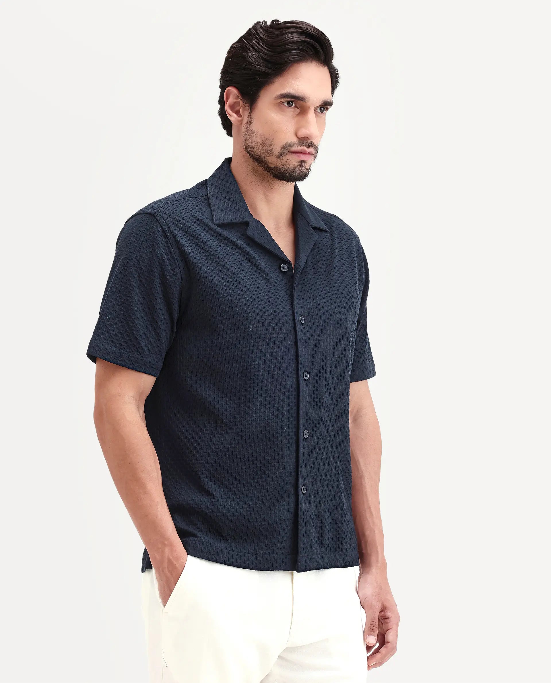 Rare Rabbit Men's Otis Dark Navy Cotton Fabric Half Sleeve Cuban Collar Regular Textured Shirt