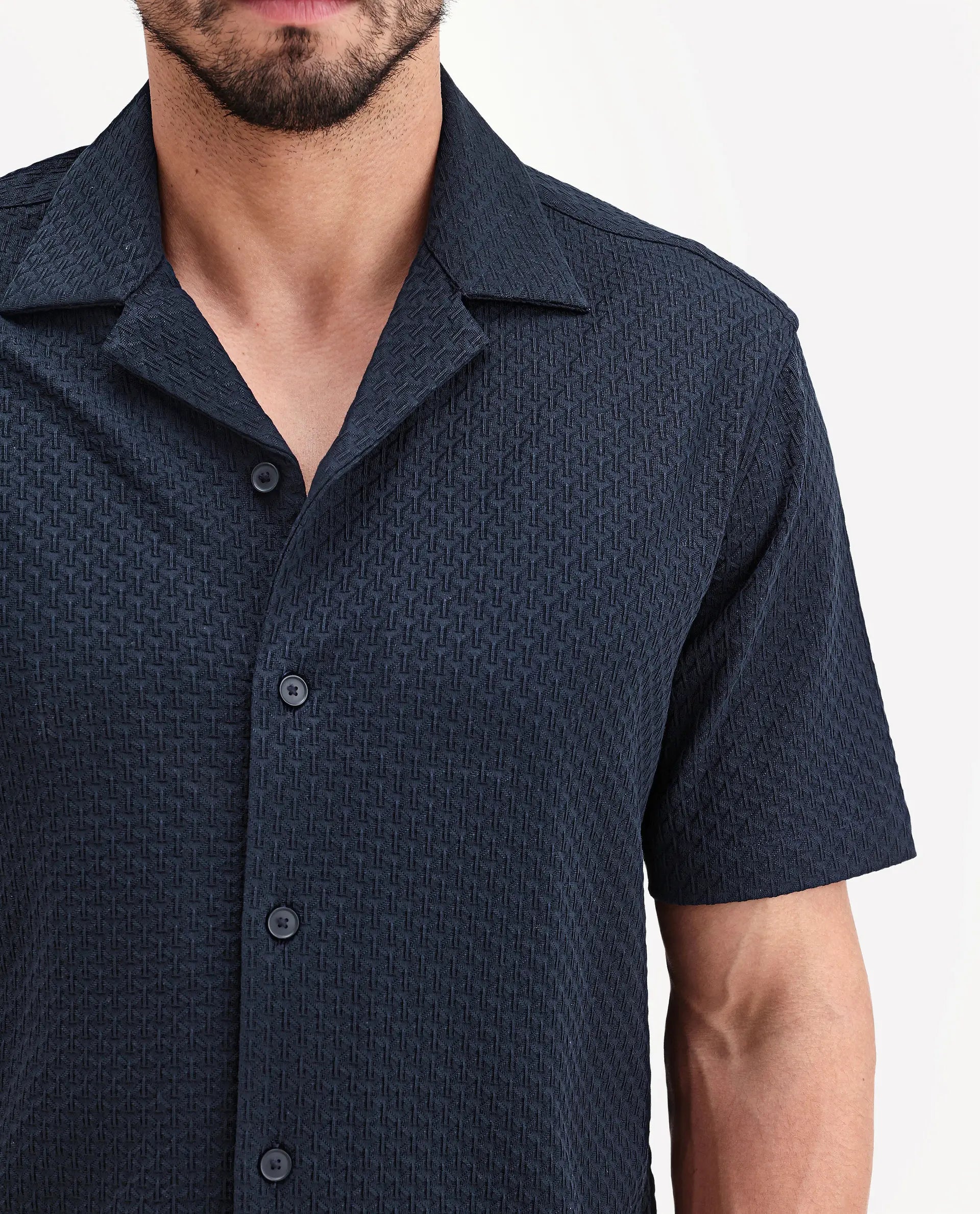 Rare Rabbit Men's Otis Dark Navy Cotton Fabric Half Sleeve Cuban Collar Regular Textured Shirt