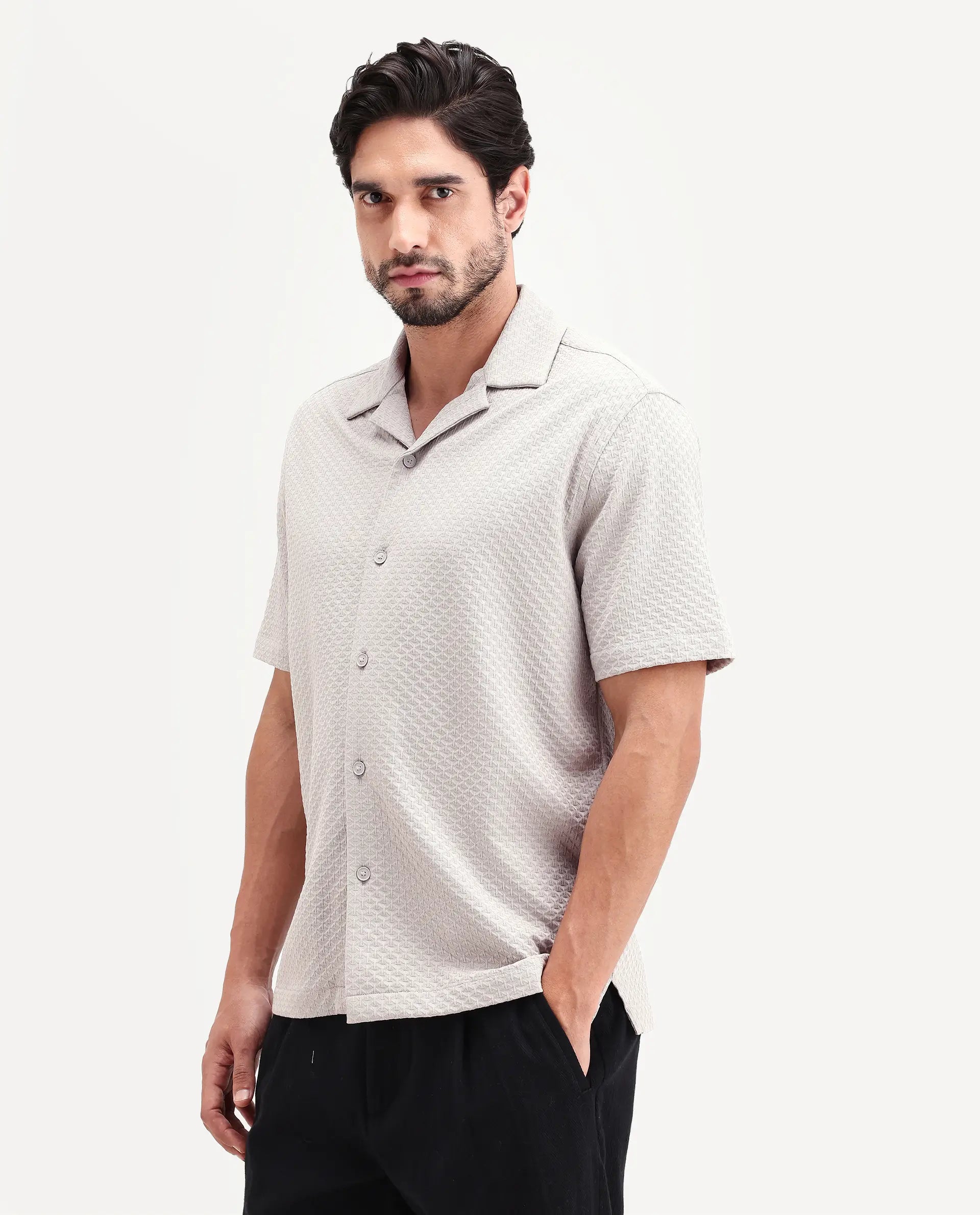 Rare Rabbit Men's Otis Light Grey Viscose Fabric Half Sleeve Cuban Collar Regular Textured Shirt