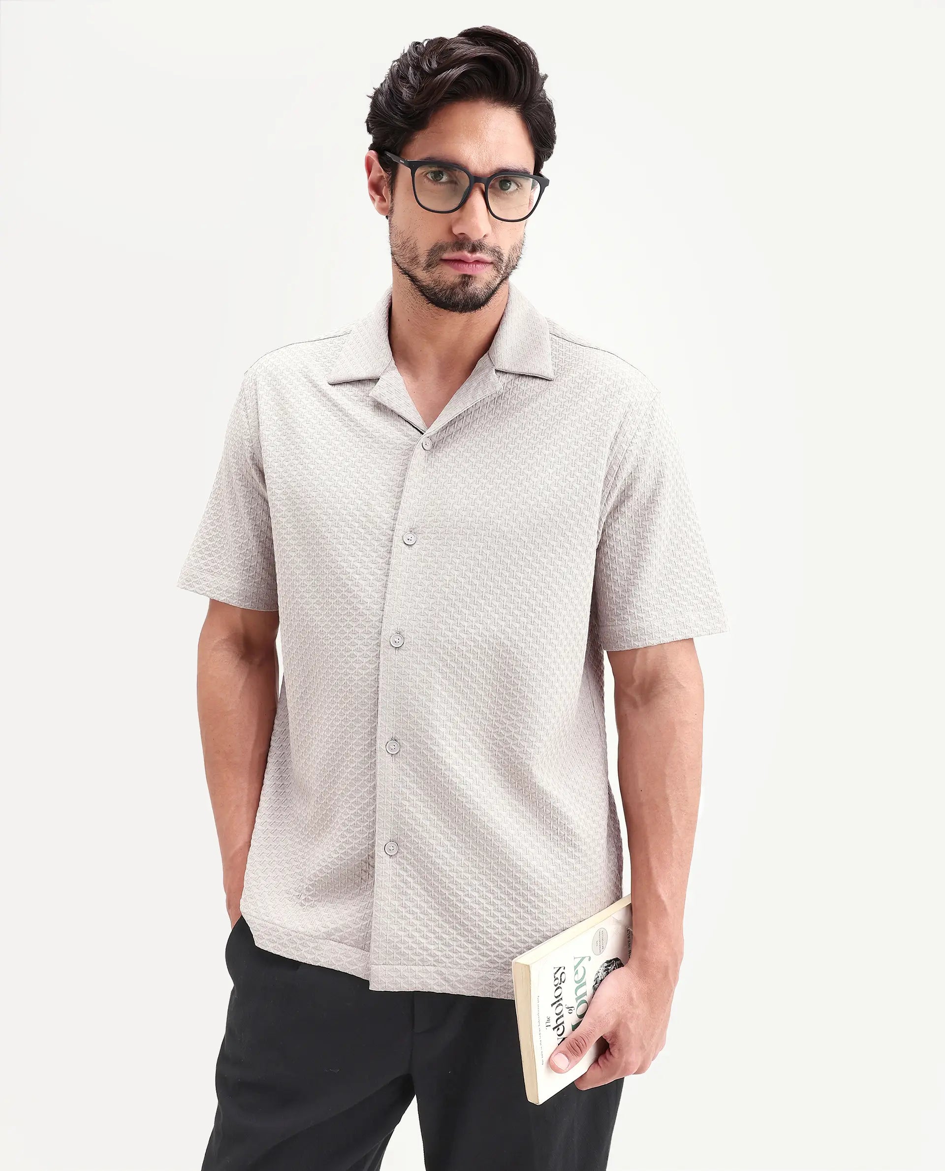 Rare Rabbit Men's Otis Light Grey Viscose Fabric Half Sleeve Cuban Collar Regular Textured Shirt