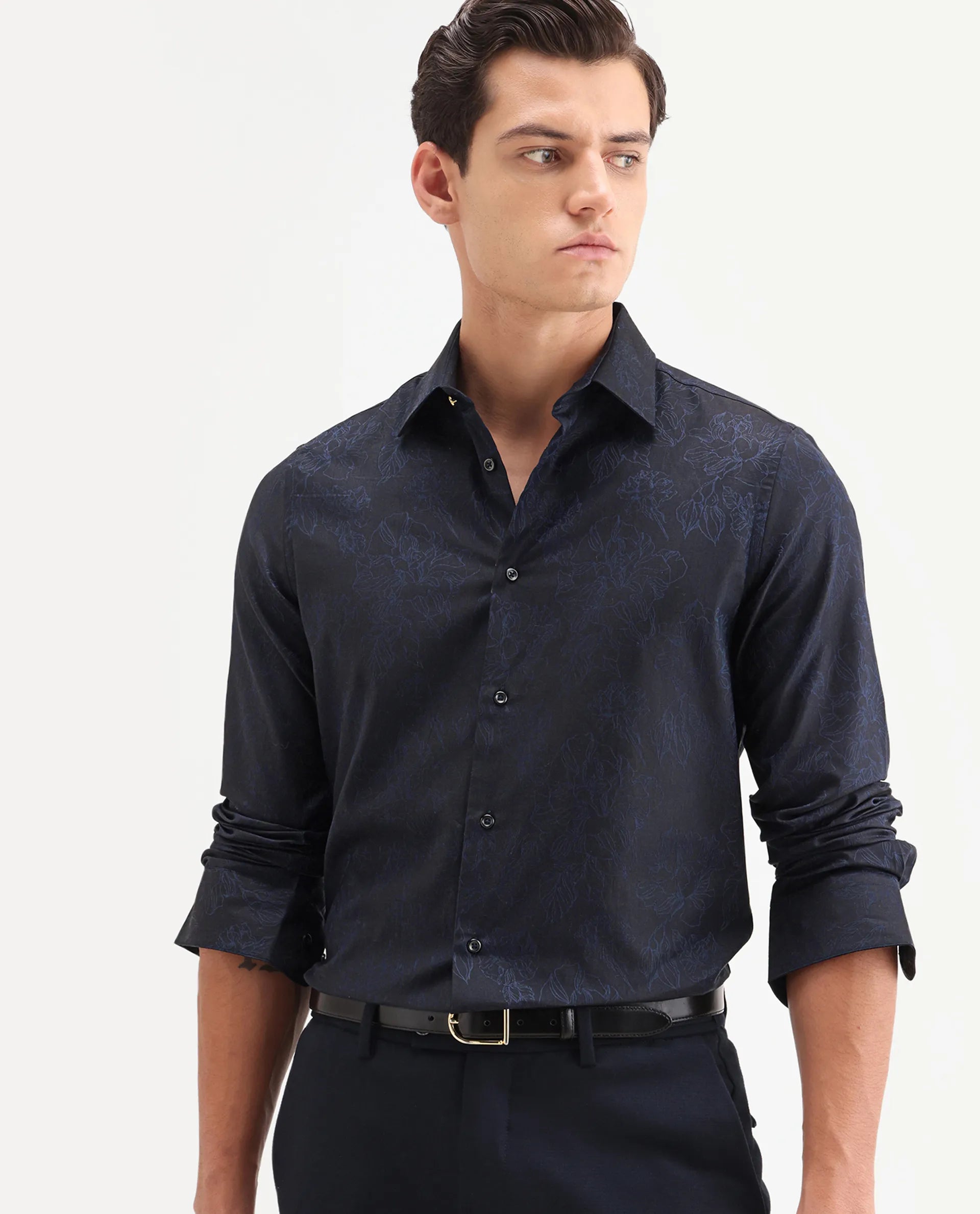 Rare Rabbit Men's Oxon Navy Cotton Fabric Full Sleeve Spread Collar Button Regular Floral Print Shirt