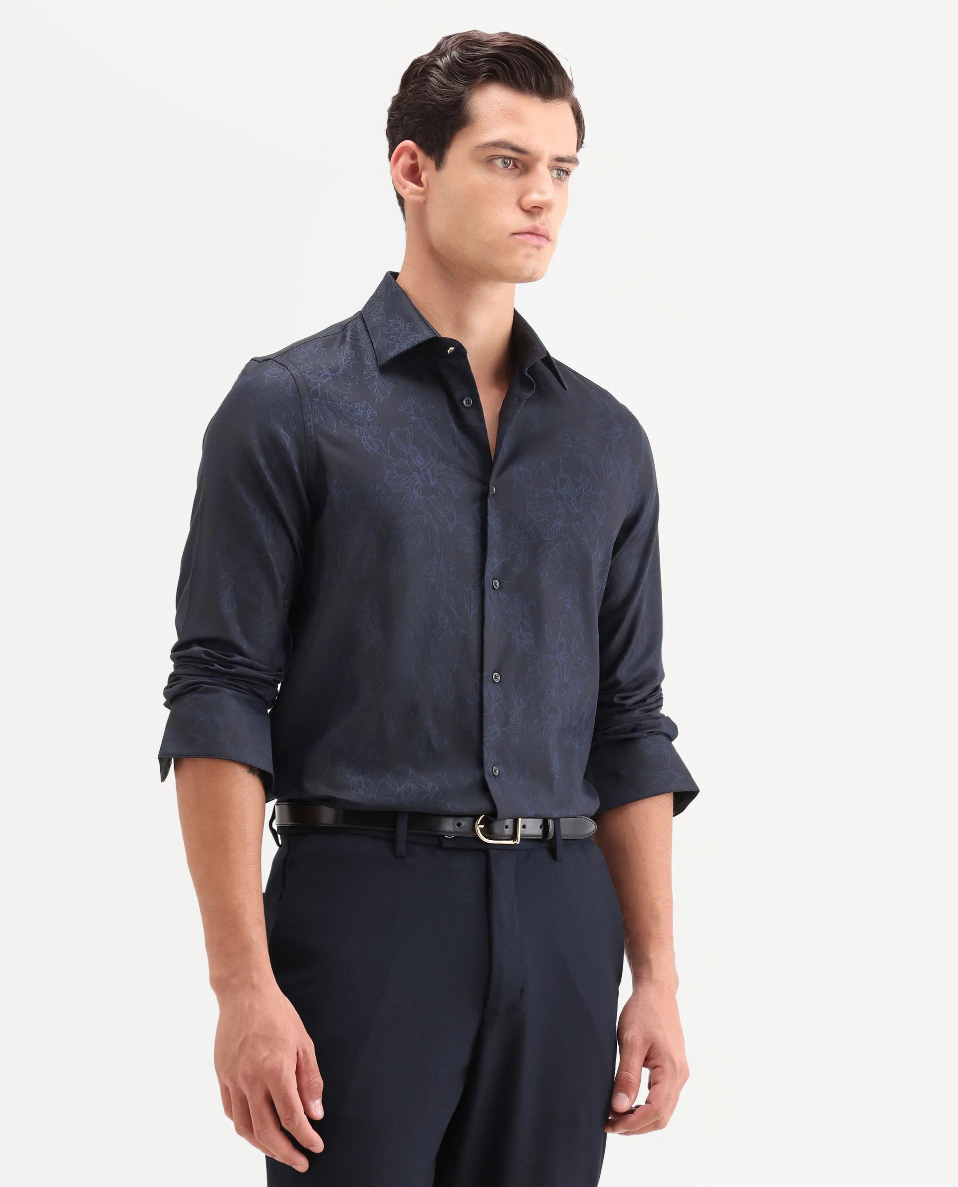 Rare Rabbit Men's Oxon Navy Cotton Fabric Full Sleeve Spread Collar Button Regular Floral Print Shirt