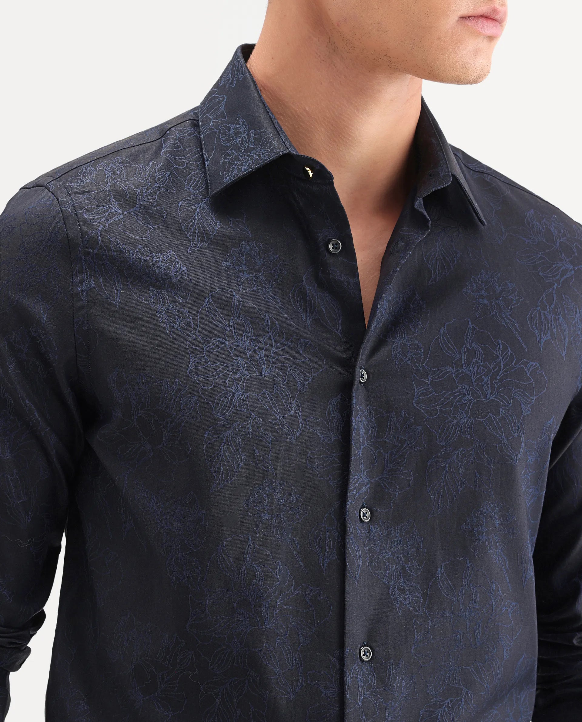 Rare Rabbit Men's Oxon Navy Cotton Fabric Full Sleeve Spread Collar Button Regular Floral Print Shirt