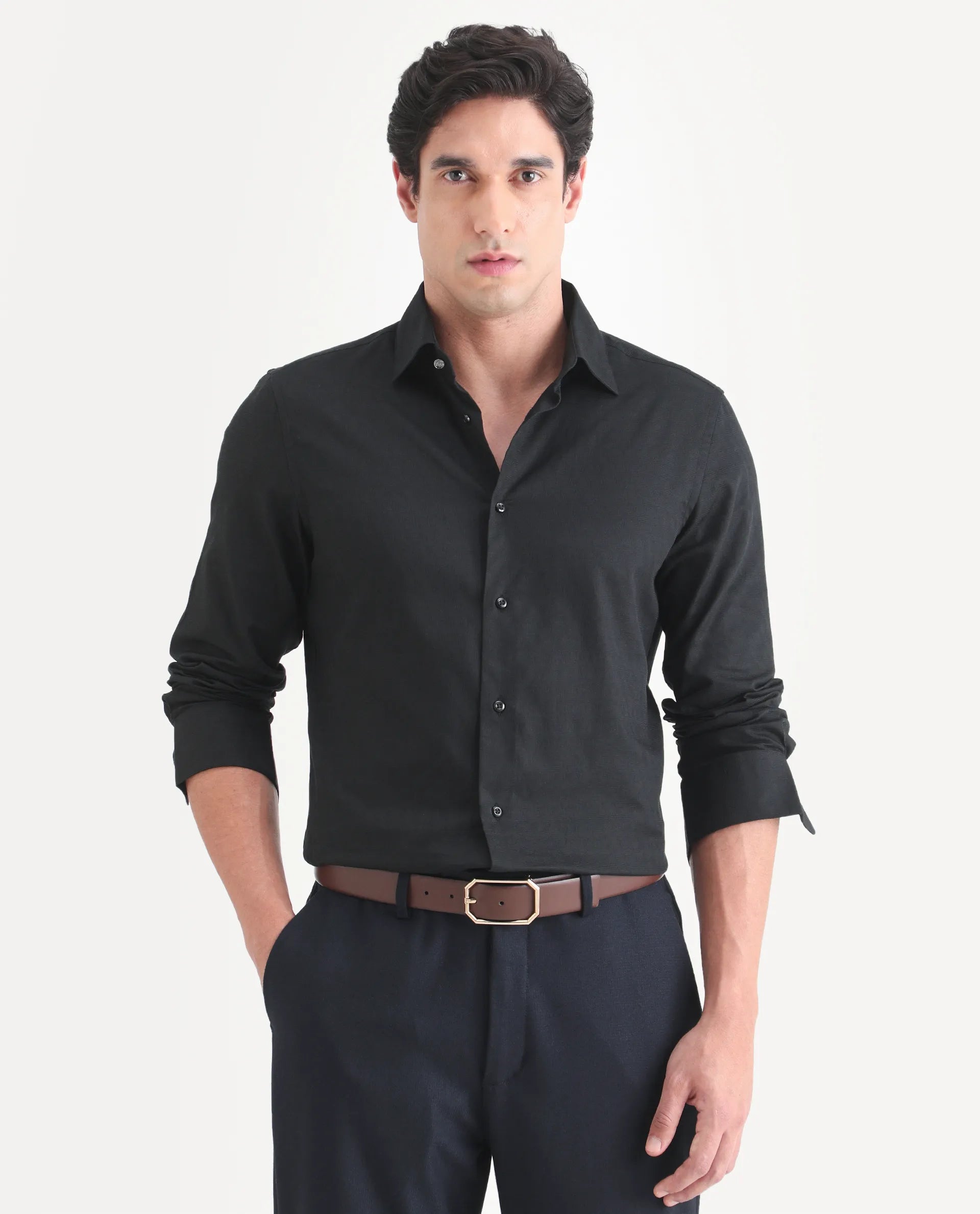 Rare Rabbit Men's Pemo Black Cotton Full Sleeve Spread Collar Regular Fit Jacquard Shirt