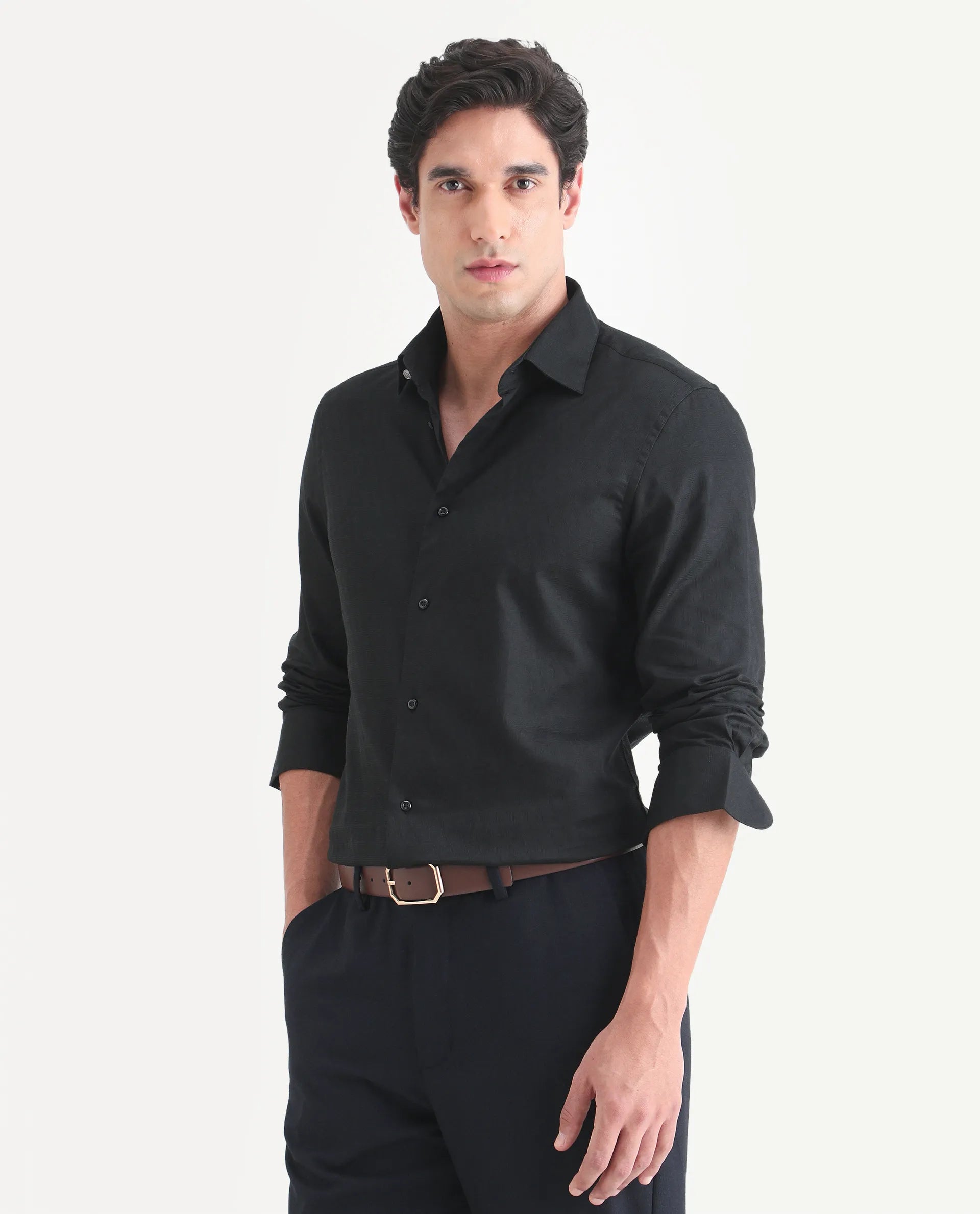 Rare Rabbit Men's Pemo Black Cotton Full Sleeve Spread Collar Regular Fit Jacquard Shirt