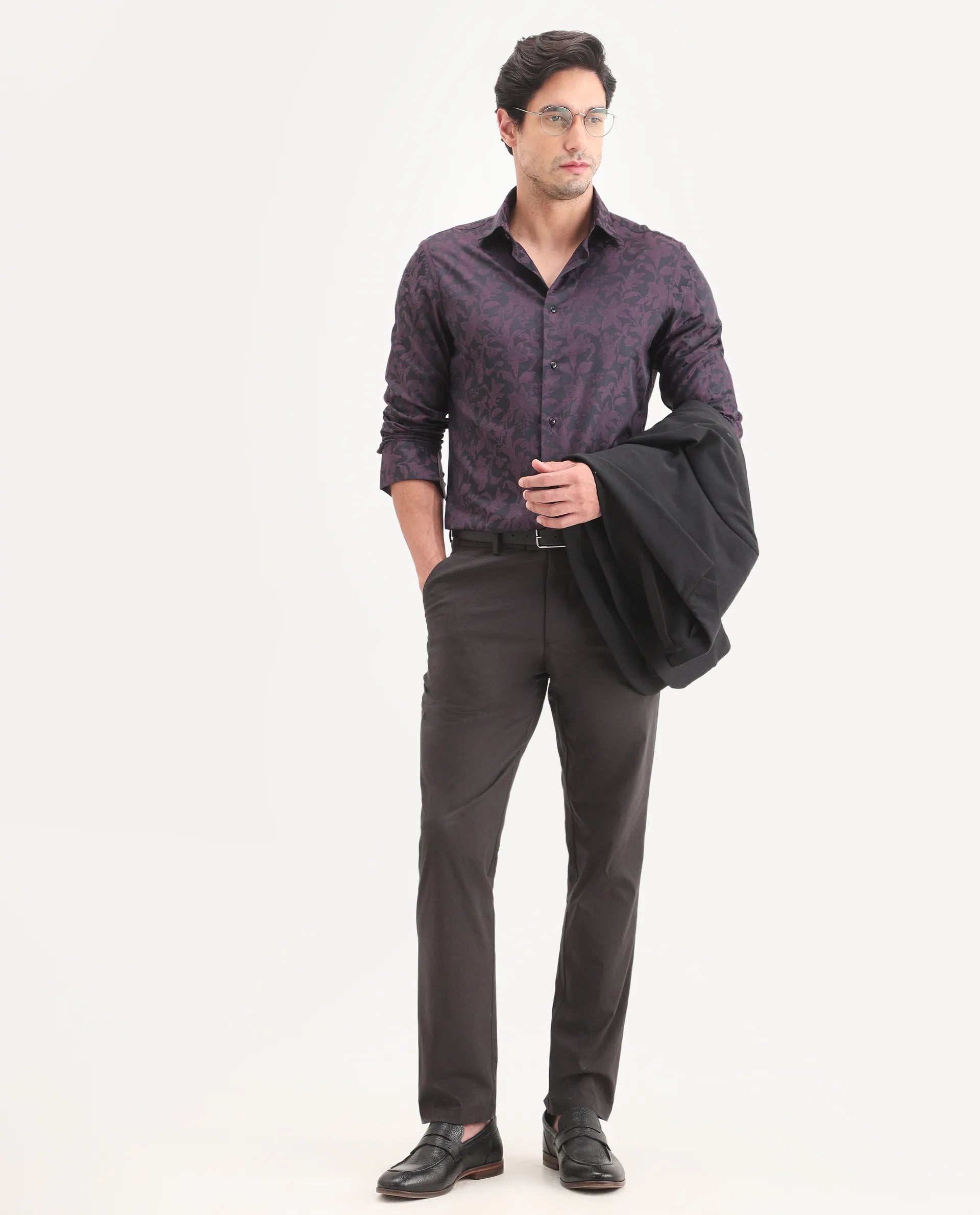 Rare Rabbit Men's Ringer Ls 26 Dark Purple Polyester Blend Fabric Full Sleeve Spread Collar Regular Fit Jacquard Shirt