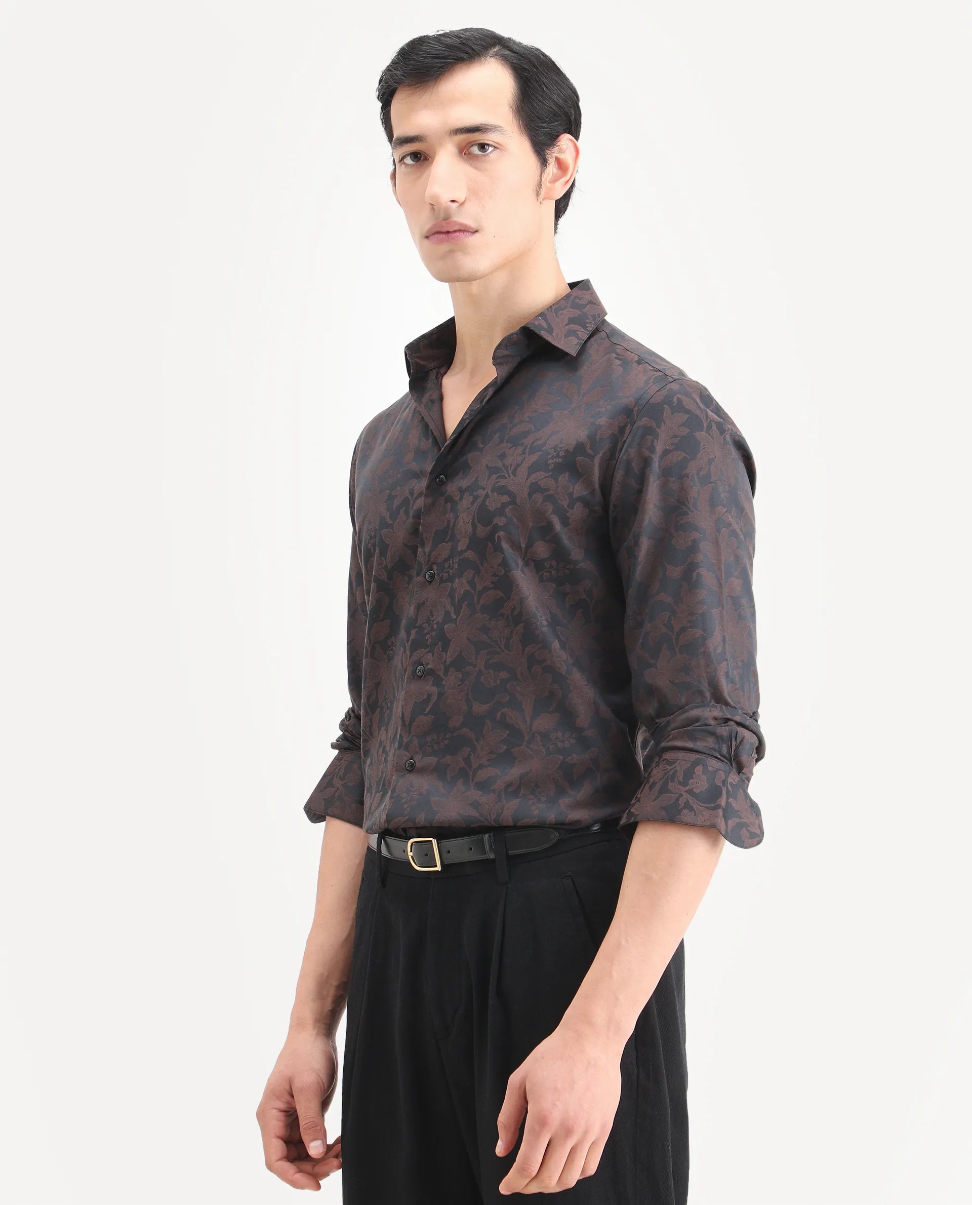 Rare Rabbit Men's Ringer Ls 26 Dark Brown Polyester Blend Fabric Full Sleeve Spread Collar Regular Fit Jacquard Shirt
