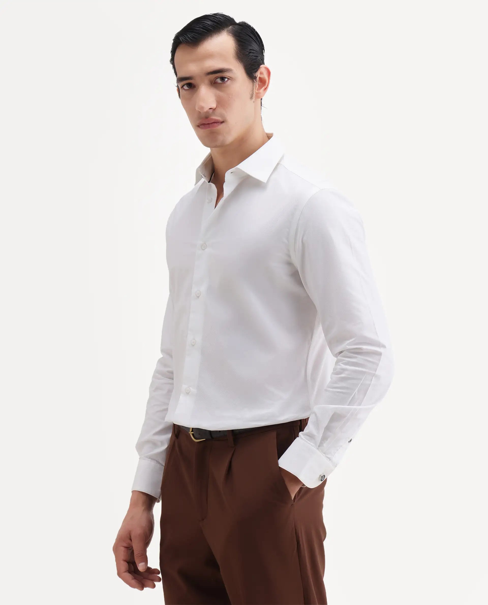 Rare Rabbit Men's Rutho White Cotton Full Sleeve Spread Collar Regular Fit Plain Shirt