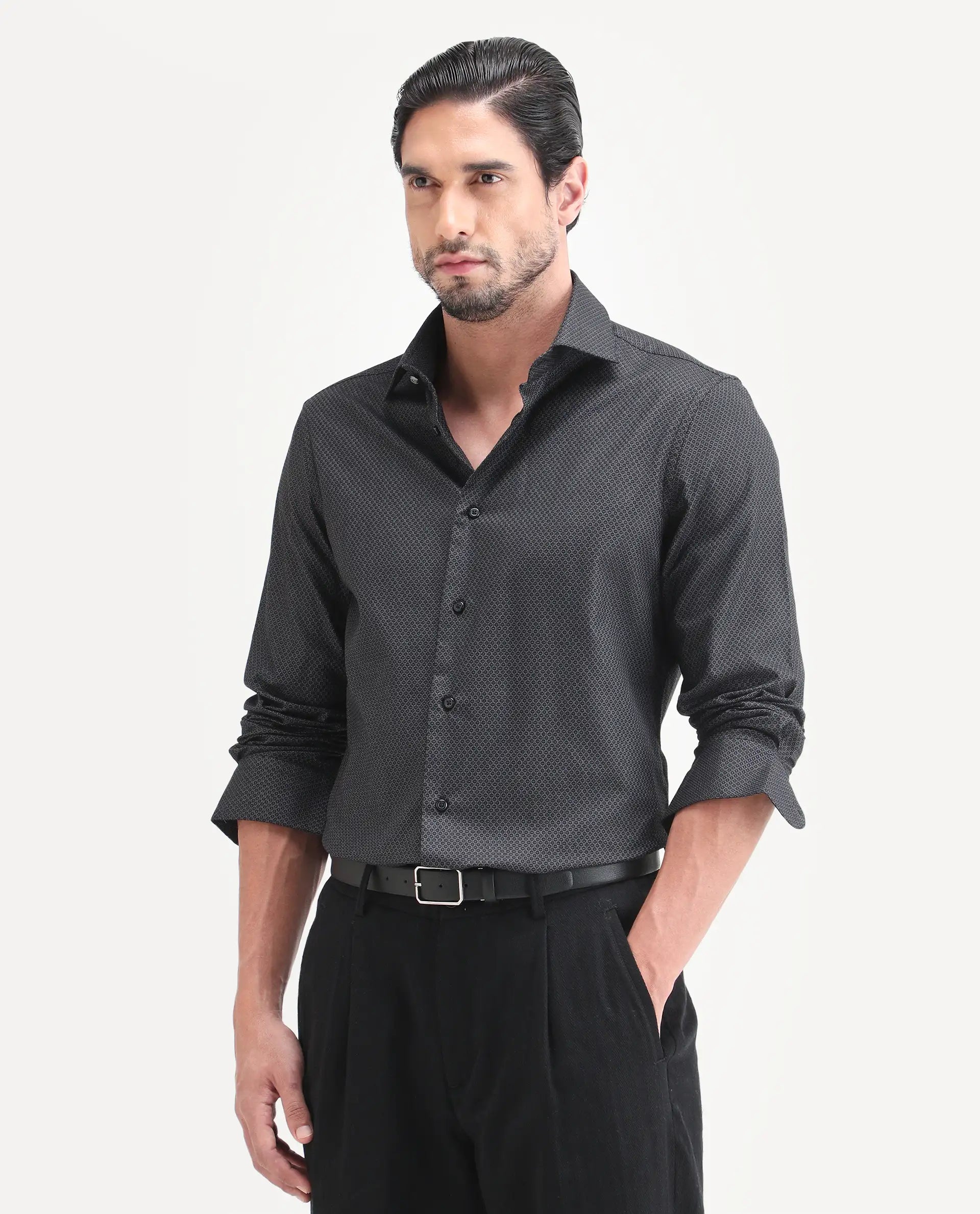 Rare Rabbit Men's Soga Black Cotton Fabric Full Sleeve Spread Collar Button Regular Geometric Print Shirt
