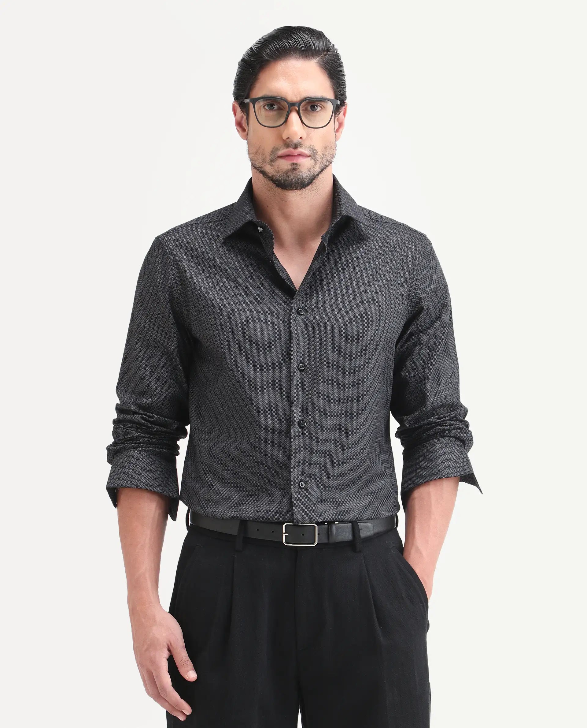 Rare Rabbit Men's Soga Black Cotton Fabric Full Sleeve Spread Collar Button Regular Geometric Print Shirt