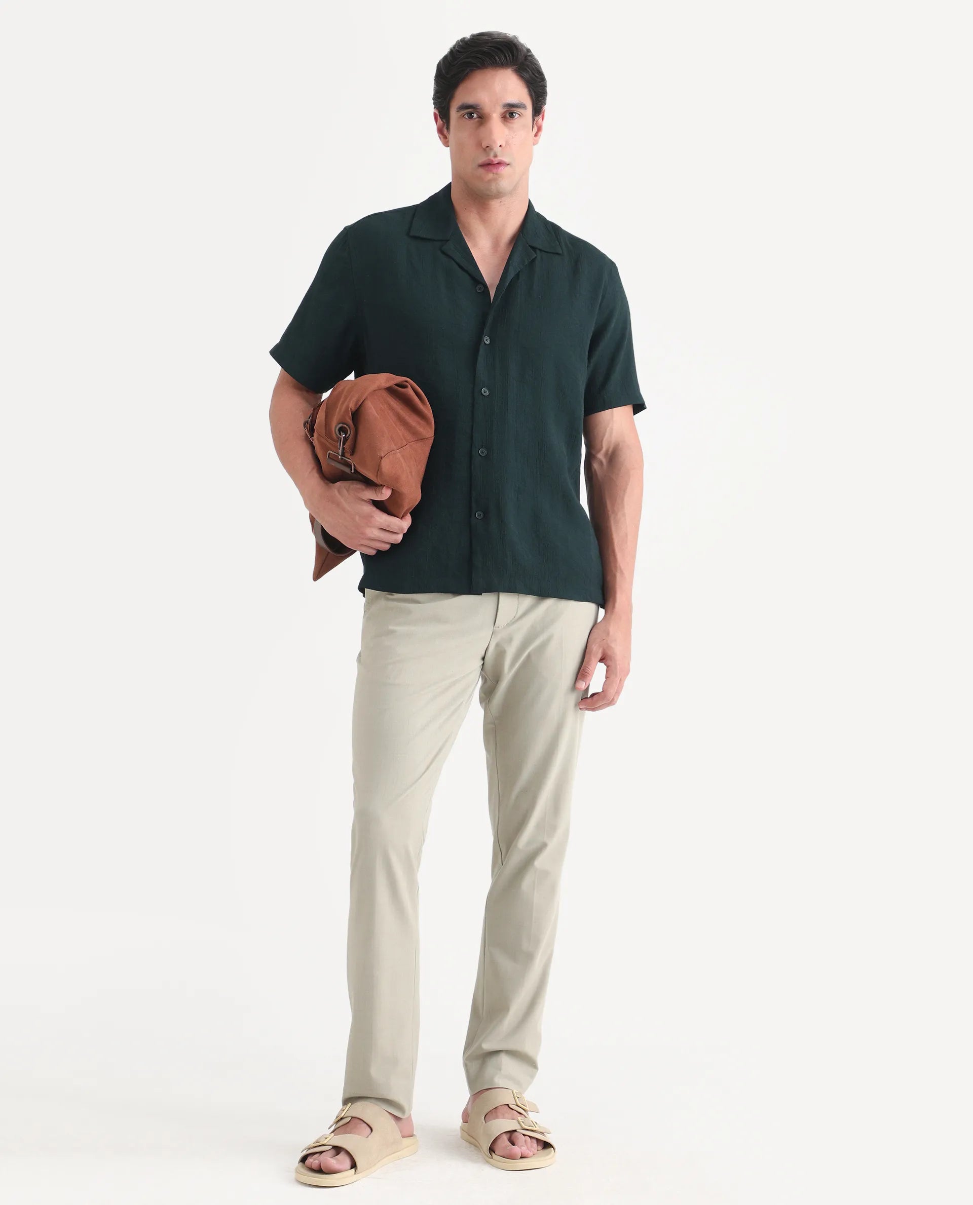 Rare Rabbit Men's Tali-S Green Viscose Blend Fabric Half Sleeve Cuban Collar Button Regular Plain Shirt
