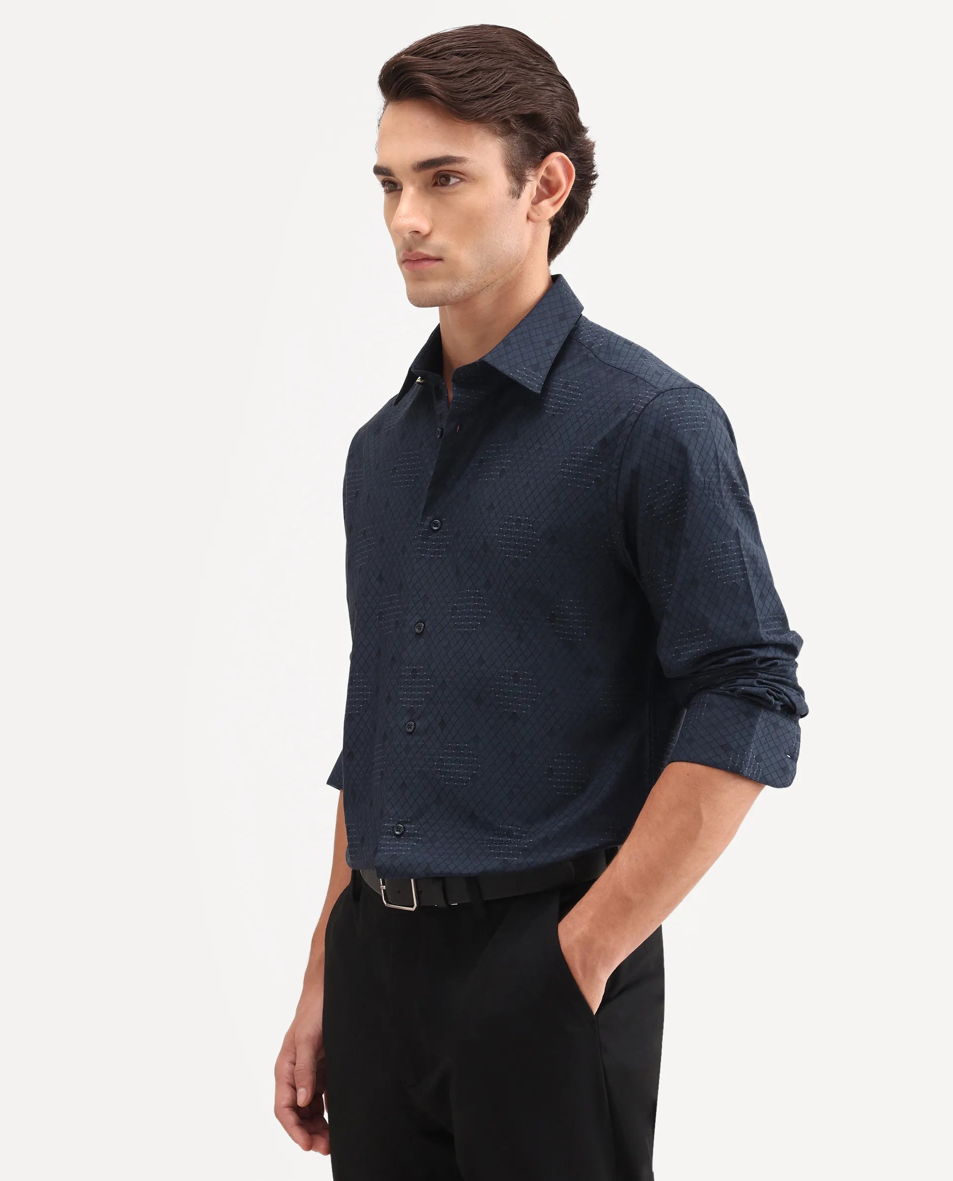 Rare Rabbit Men's Tham Navy Cotton Fabric Full Sleeve Spread Collar Button Regular Geometric Print Shirt