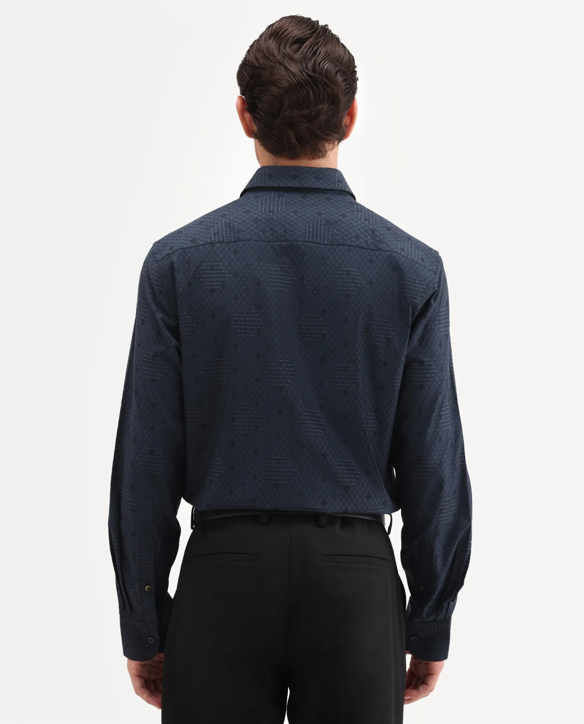 Rare Rabbit Men's Tham Navy Cotton Fabric Full Sleeve Spread Collar Button Regular Geometric Print Shirt