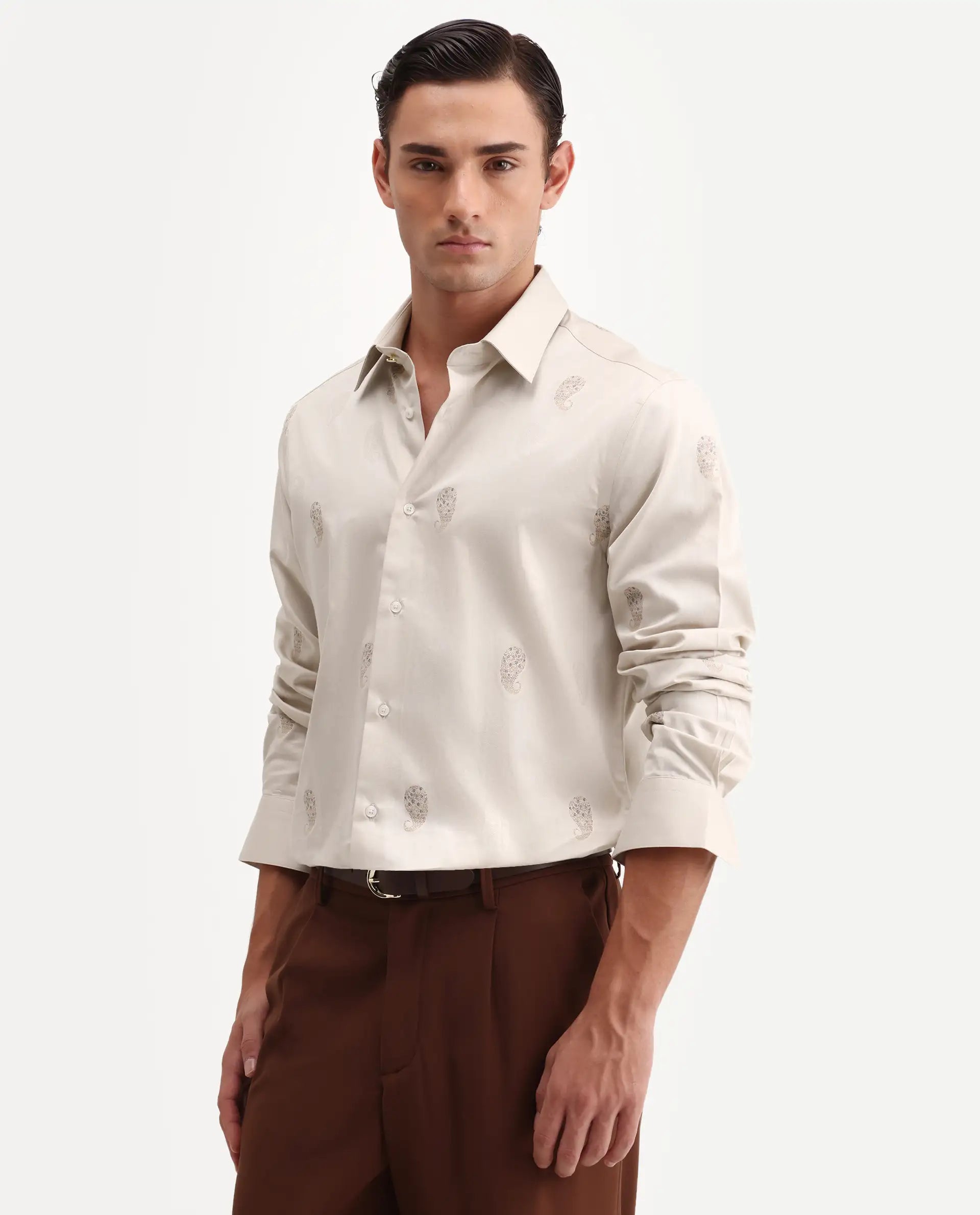 Rare Rabbit Men's Tome Beige Cotton Fabric Full Sleeve Spread Collar Button Regular Jacquard Shirt