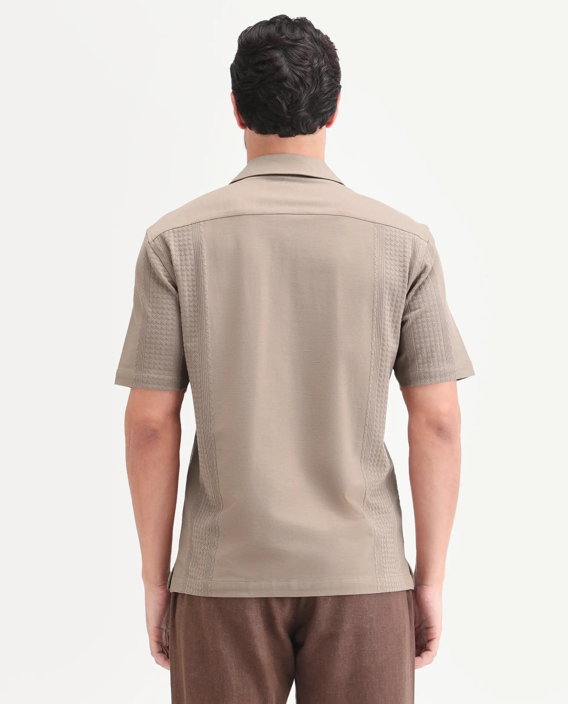 Rare Rabbit Men's Zinot Beige Cotton Blend Fabric Half Sleeve Cuban Collar Button Regular Plain Shirt