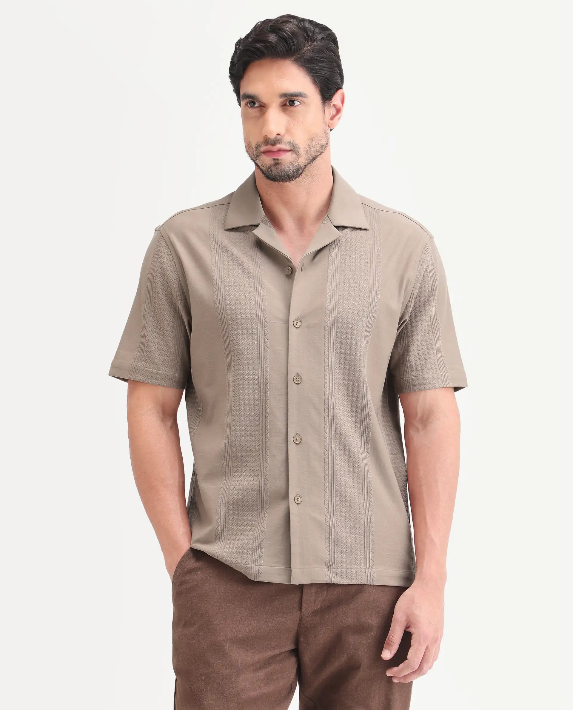 Rare Rabbit Men's Zinot Beige Cotton Blend Fabric Half Sleeve Cuban Collar Button Regular Plain Shirt