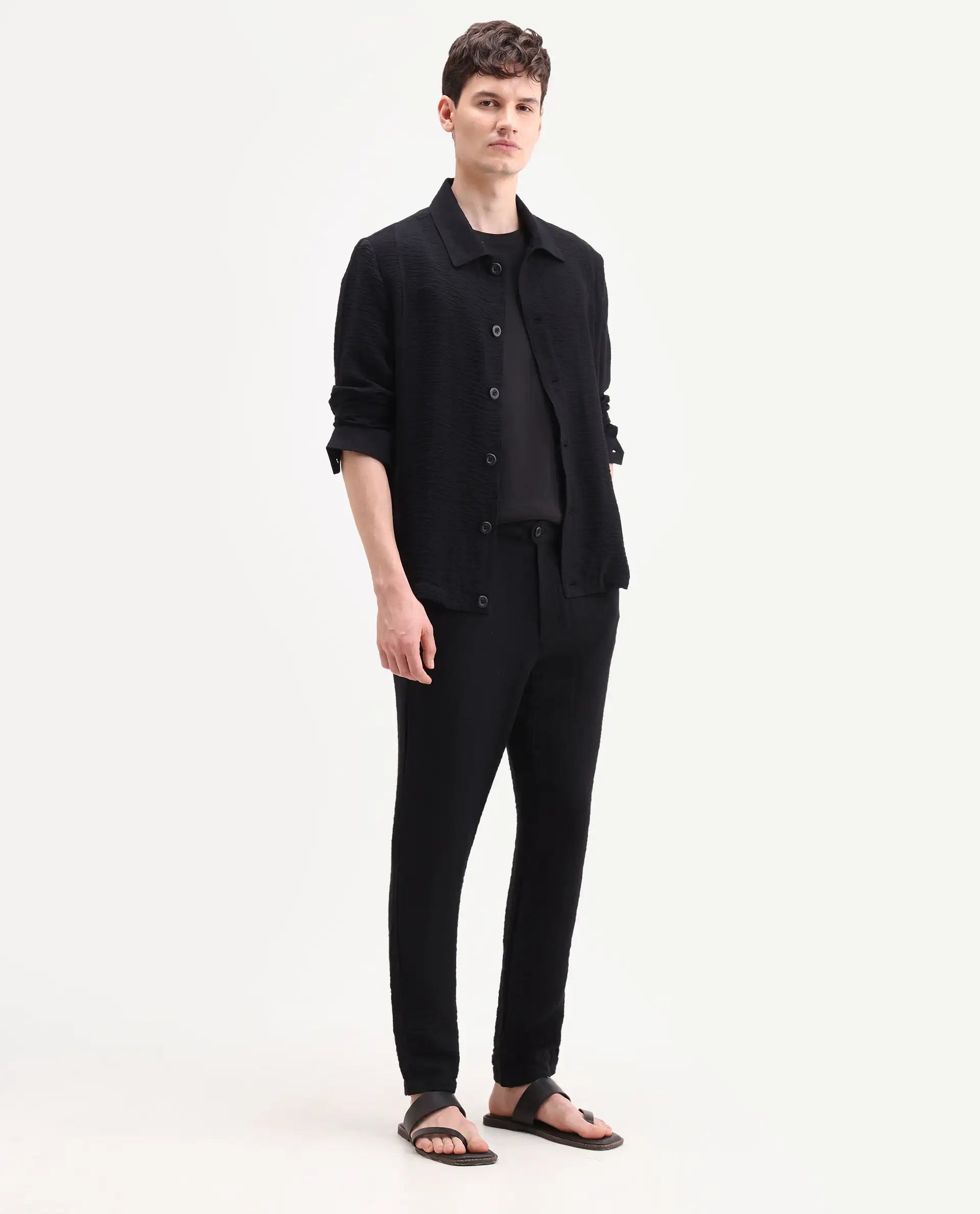 Rare Rabbit Men's Veon-T Black Viscose Blend Fabric Regular Fit Plain Trouser