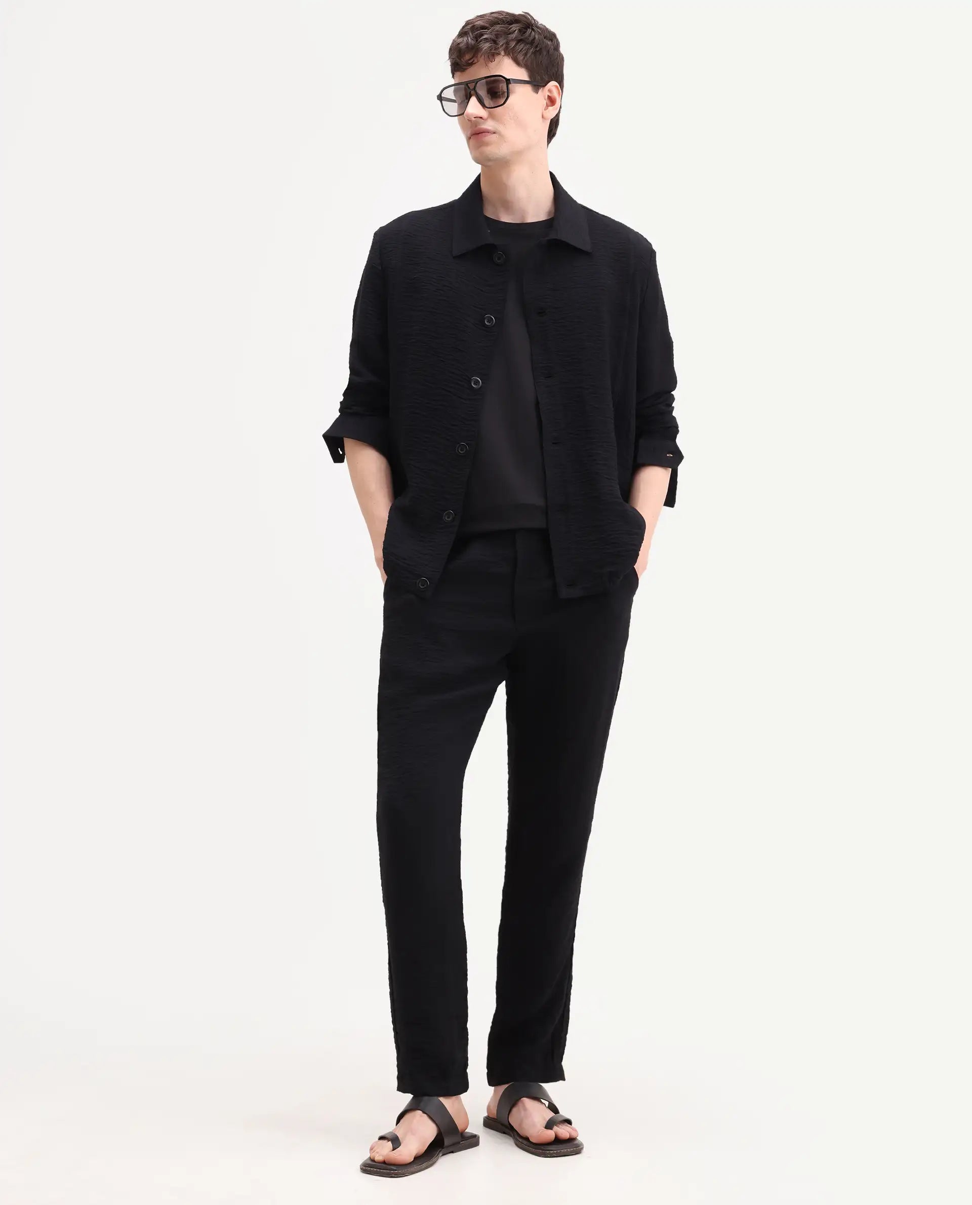 Rare Rabbit Men's Veon-T Black Viscose Blend Fabric Regular Fit Plain Trouser