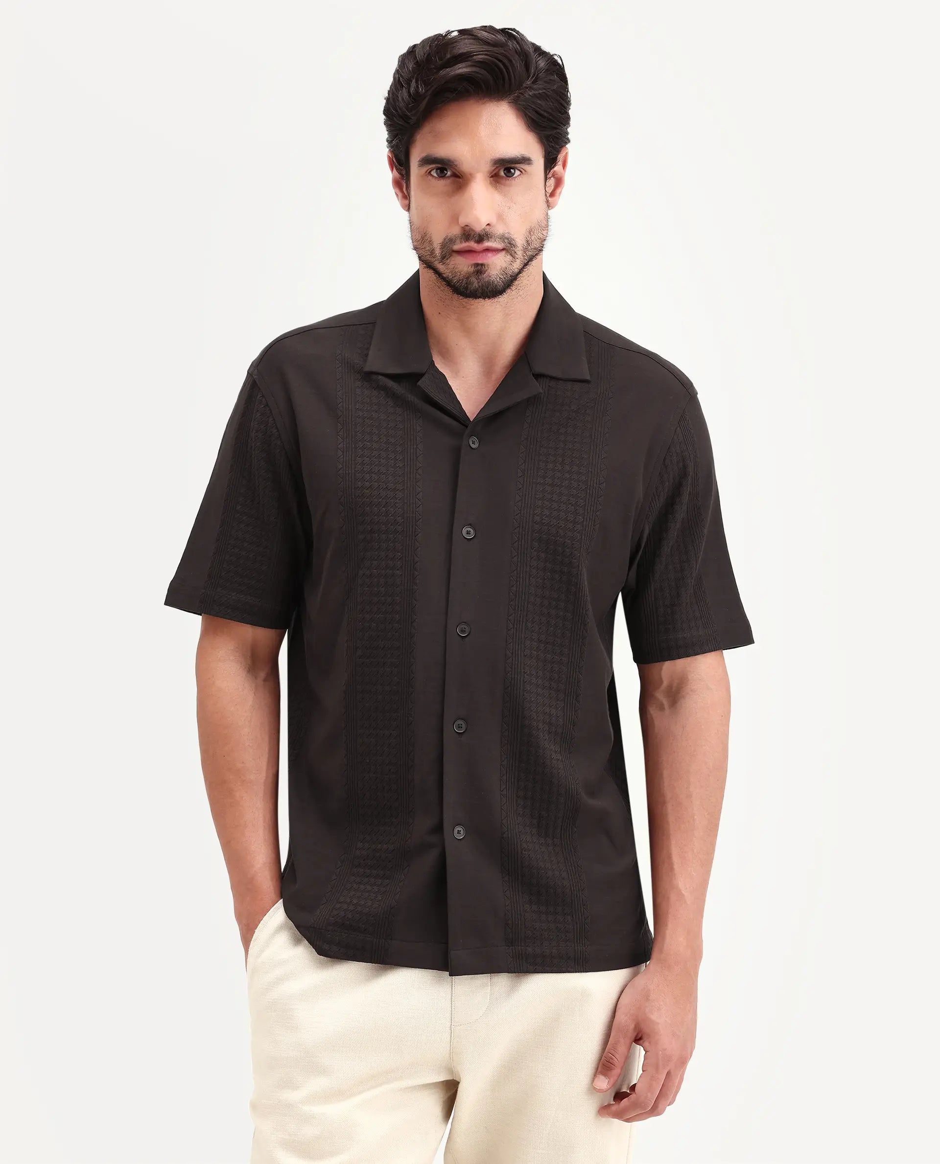 Rare Rabbit Men's Zinot Dark Brown Cotton Blend Fabric Half Sleeve Cuban Collar Button Regular Plain Shirt