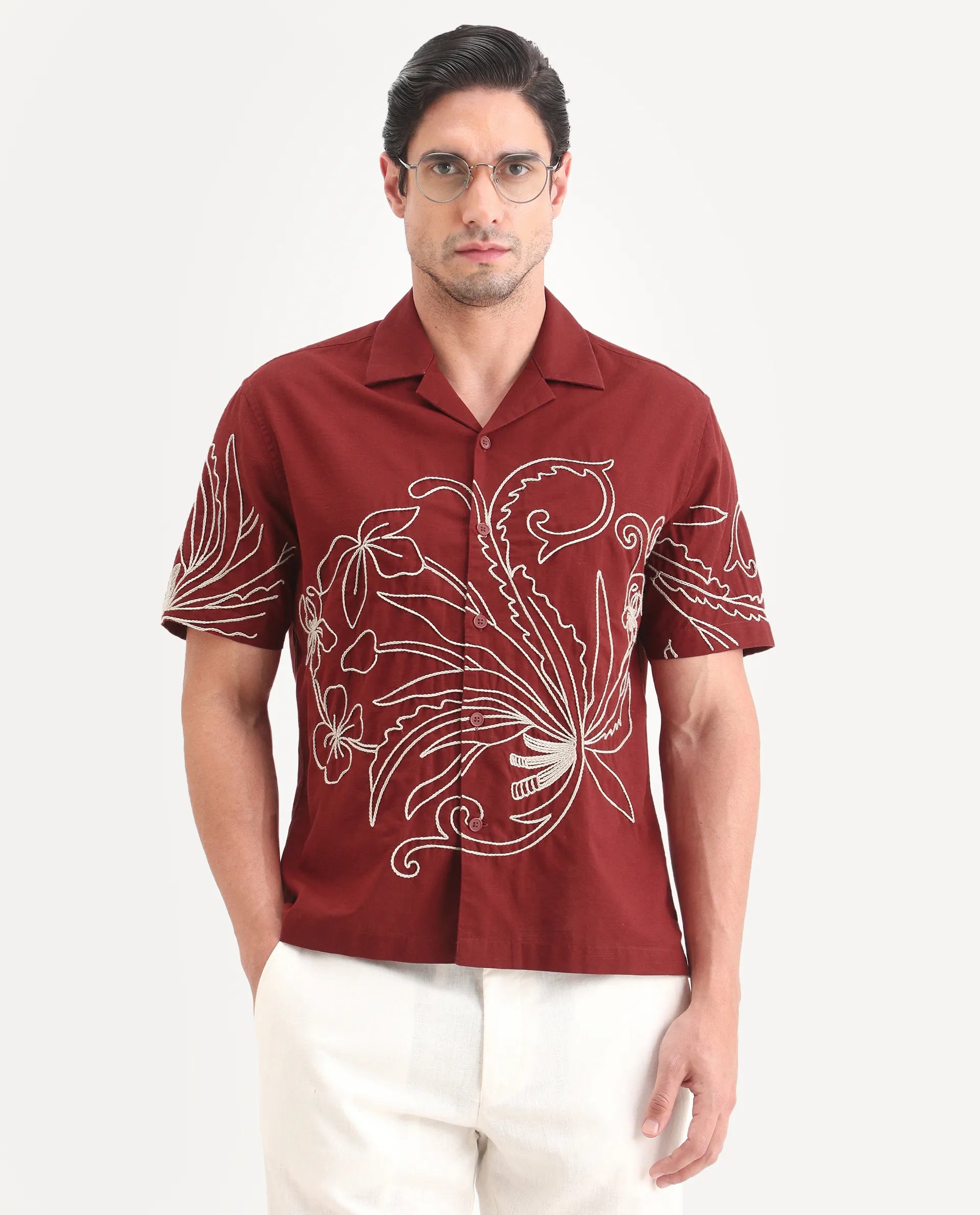 Rare Rabbit Men's Anto Rust Cotton Blend Fabric Half Sleeve Cuban Collar Regular Embroidered Shirt